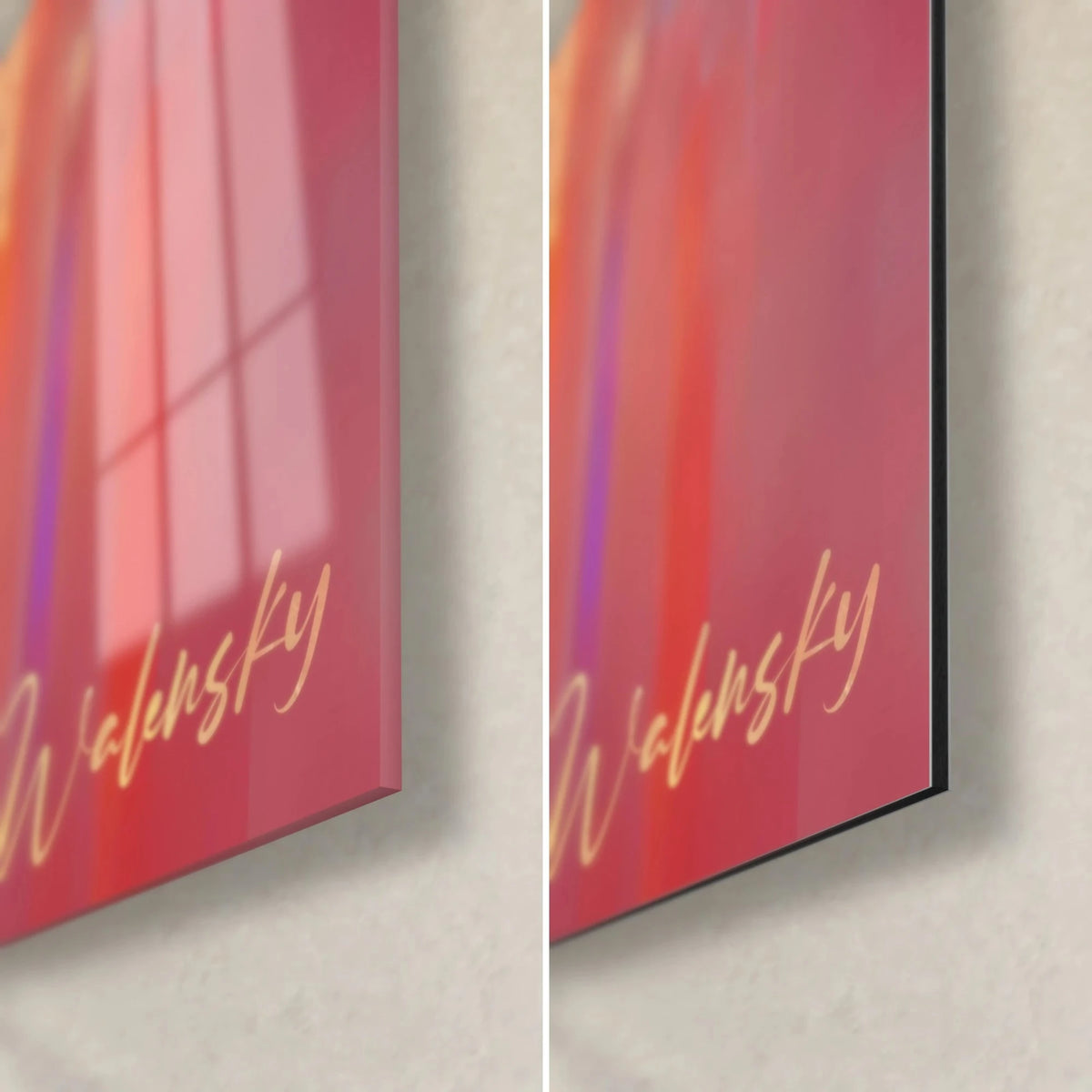 Quadro di fenicottero in pittura fucsia, angolo in basso a destra: vetro acrilico lucido con riflessi rosa, alluminio Dibond nero opaco, bordo di 3 mm