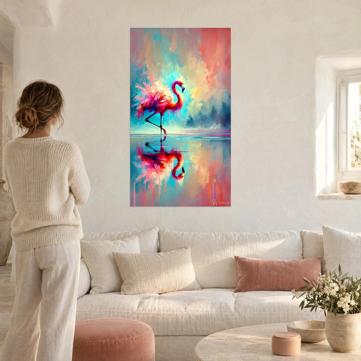 Quadro di fenicottero rosa in pittura vivace, piumaggio fucsia e cielo turchese, riflesso nell'acqua, sopra un divano in un soggiorno luminoso