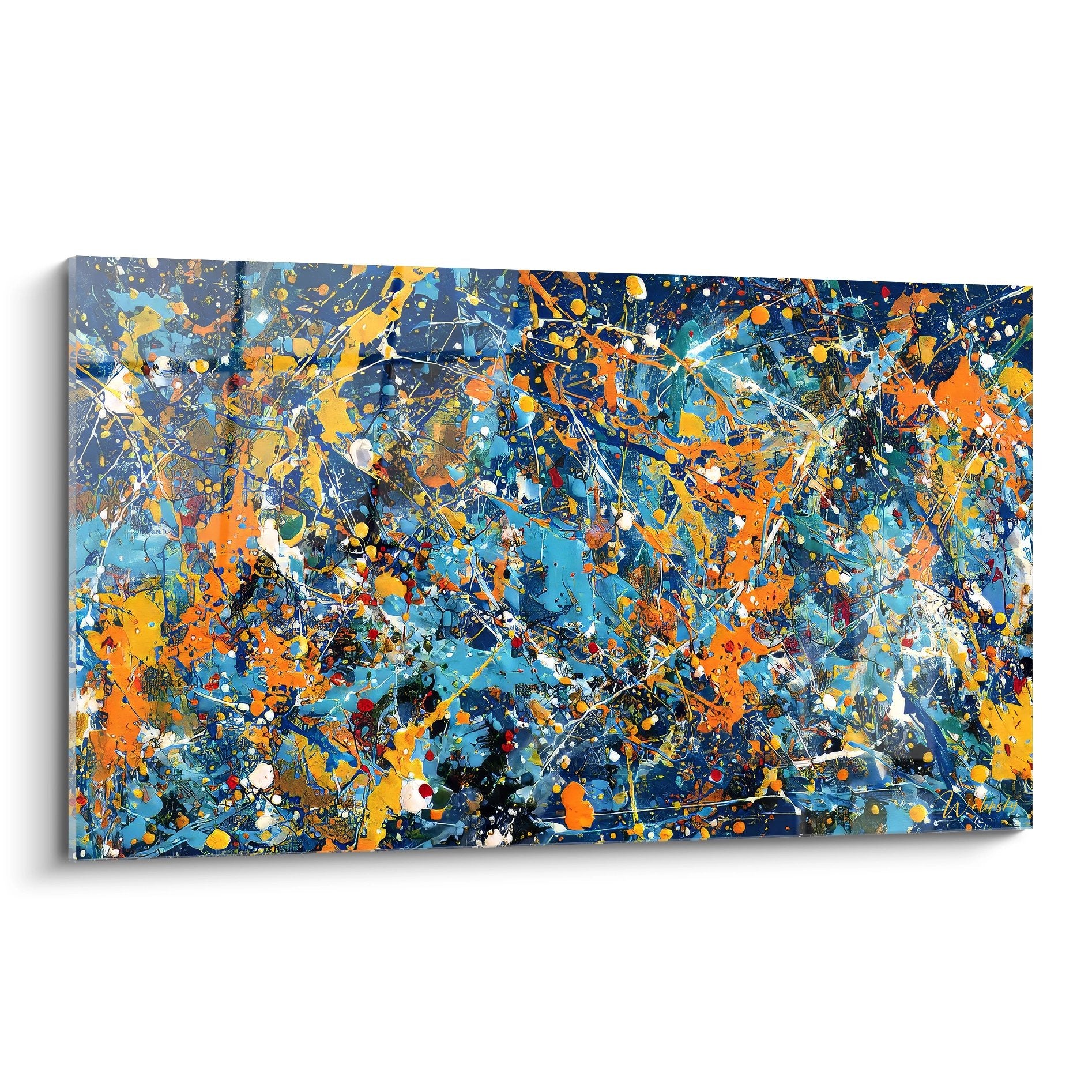 Tableau mural éclaboussures colorées style peinture abstrait avec projections bleues oranges jaunes