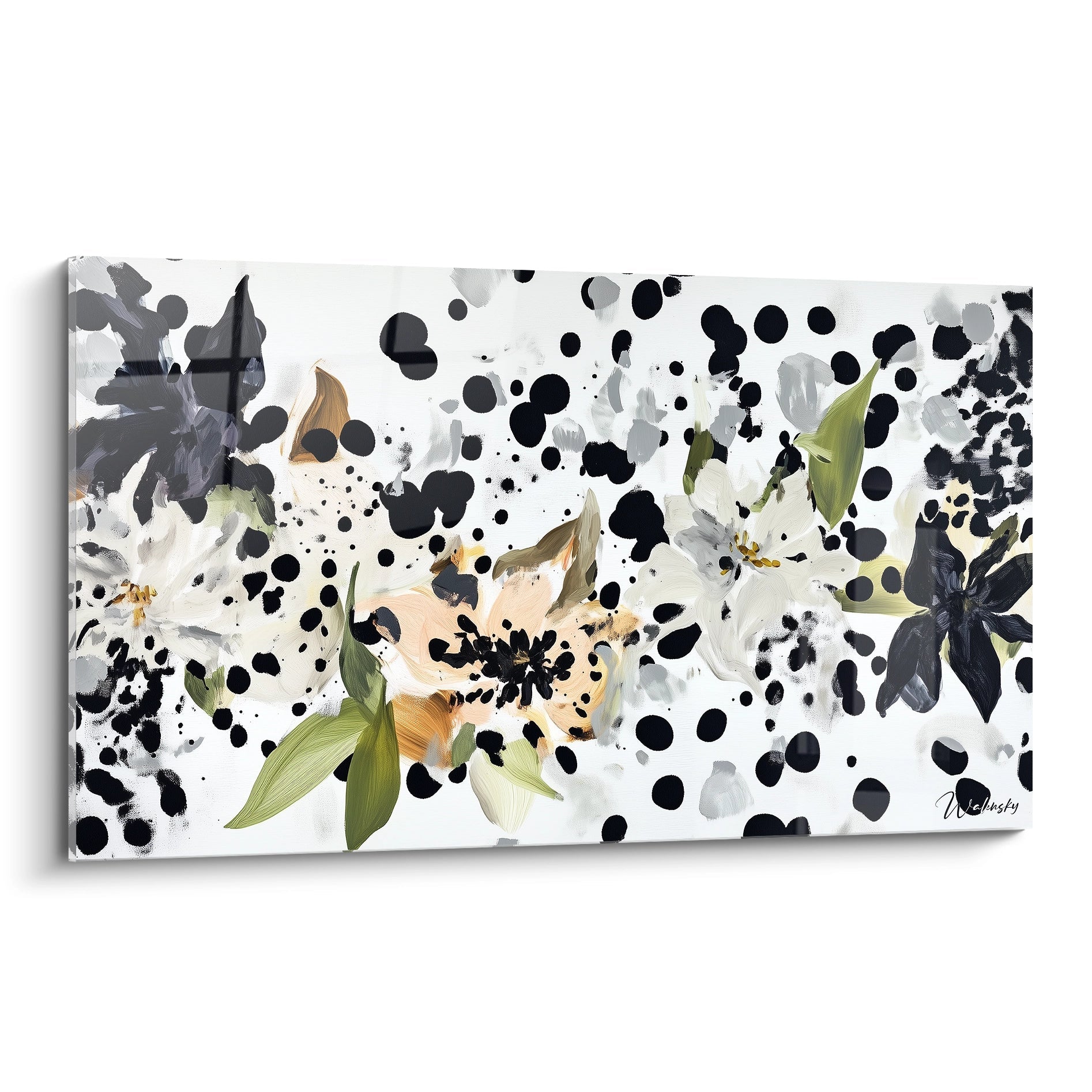 Tableau tacheté noir et blanc de Walensky avec motifs floraux élégants sur fond lumineux