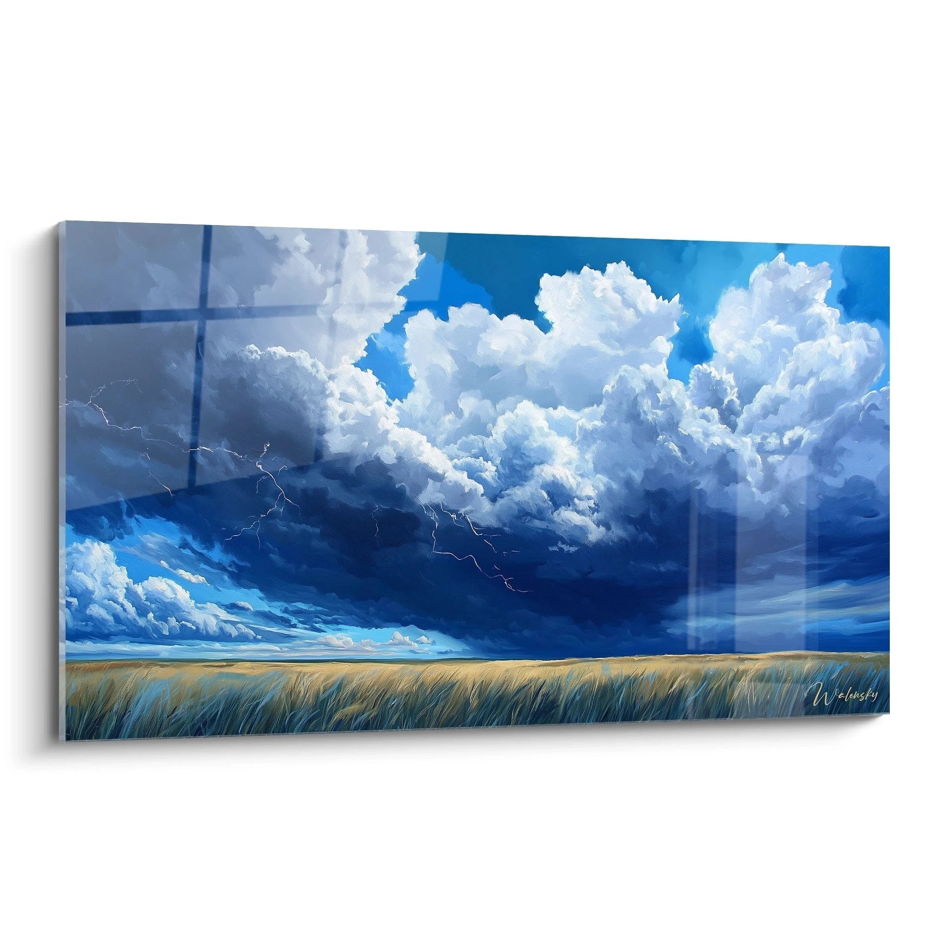 Un tableau campagne représentant un ciel orageux aux nuages imposants blancs et bleus surplombant un champ de blé doré, avec un éclair subtil traversant l'horizon et créant un contraste dramatique entre puissance céleste et tranquillité terrestre.
