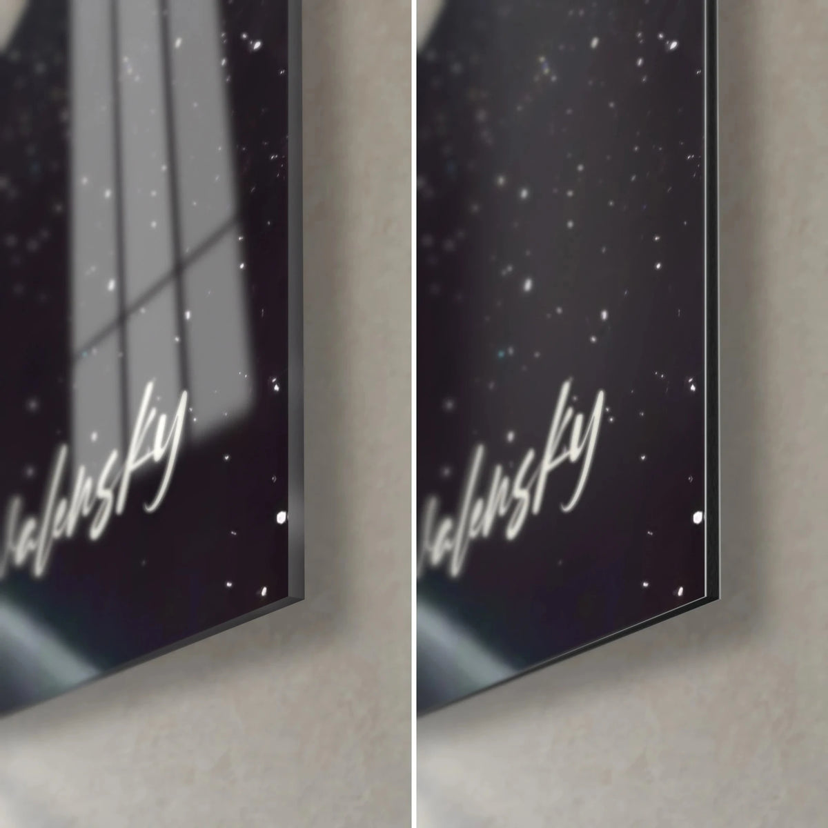 Schilderij orbitaal voertuig, rechtsonder: glanzend glas met raamreflecties, mat zwart Dibond met sterren, rand van 3 mm