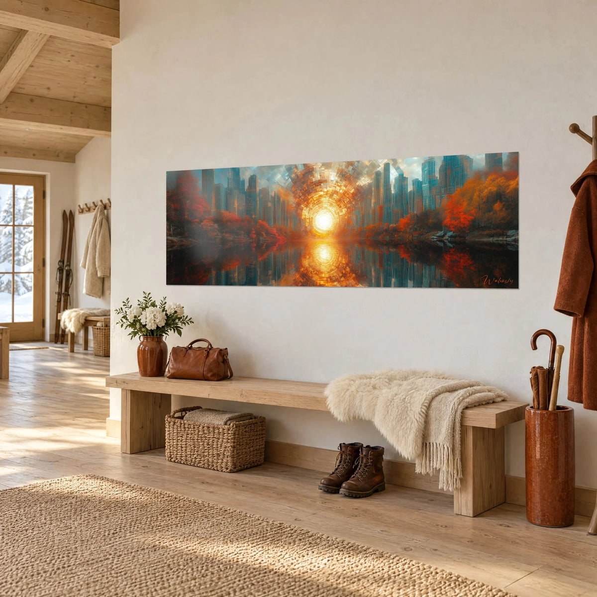 Schilderij blauwgroene wolkenkrabbers die een oranje hemellichaam omlijsten, roodbruin gebladerte weerspiegeld in het water, boven een houten bankje in de hal van een chalet