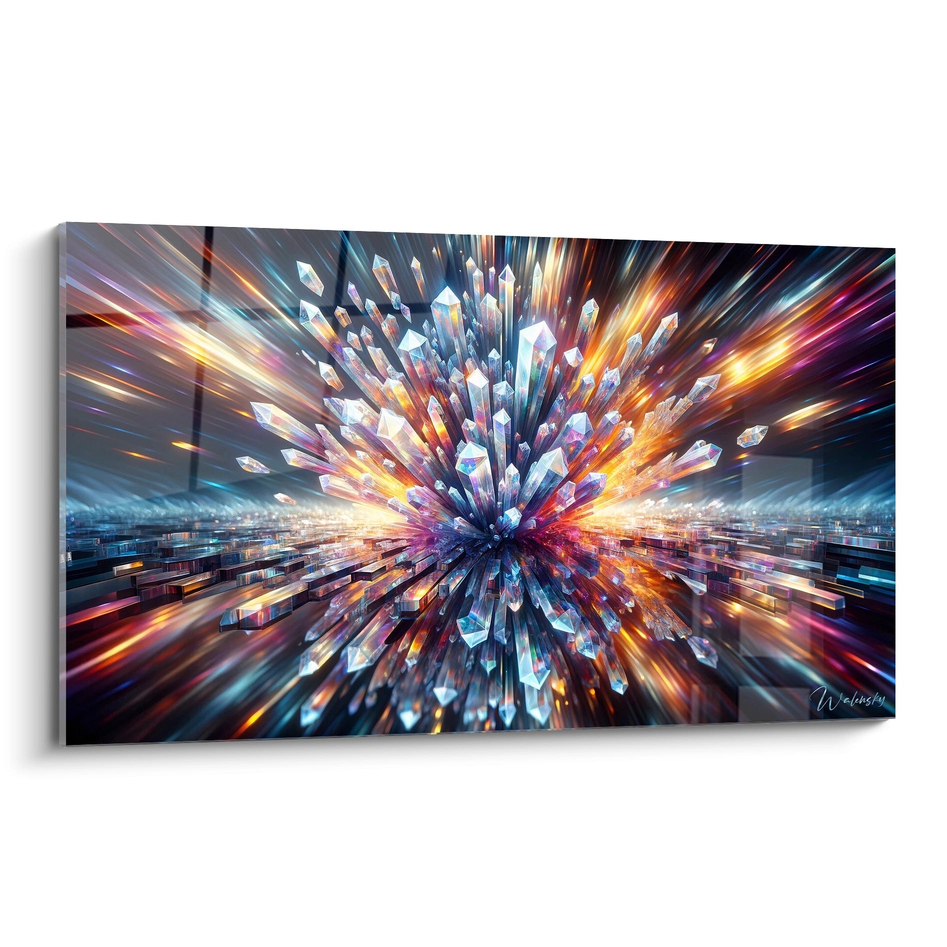 Tableau abstrait représentant une explosion de cristaux prismatiques translucides. Fond noir avec traînées lumineuses multicolores irradiant du centre. Structure tridimensionnelle avec formations cristallines iridescentes projetées vers l'observateur. Composition centrée avec effet de mouvement dynamique et traînées colorées rouge, bleu, orange et violet.
