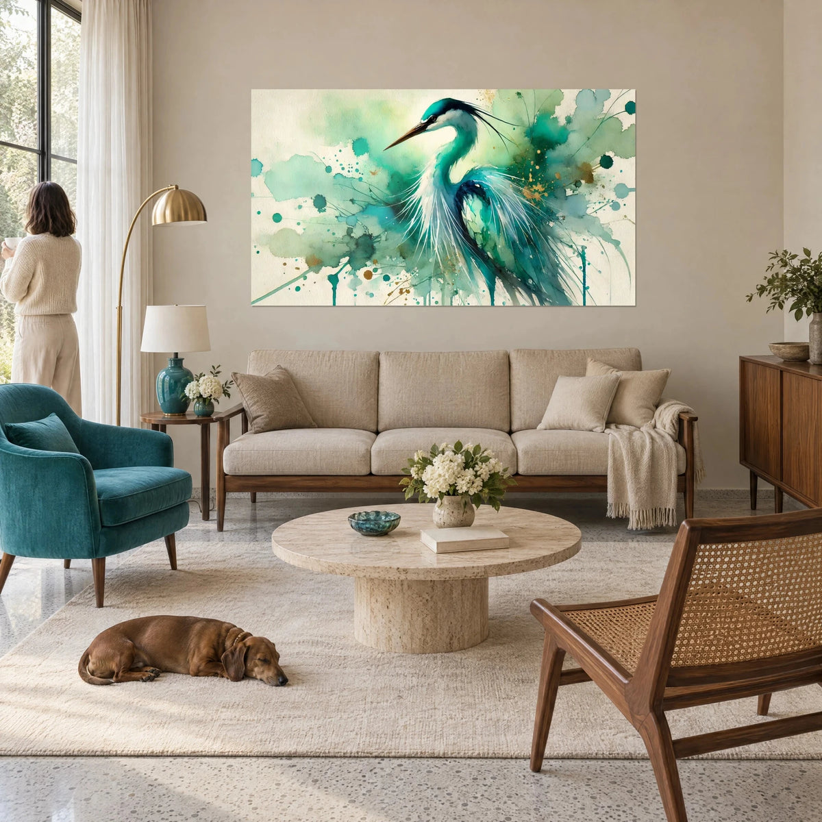 Gemälde mit blauem Reiher, weißen fedrigen Federn, türkisfarbenen und goldenen Tupfern, liegender Dackel, über einem Sofa in einem hellen Wohnzimmer