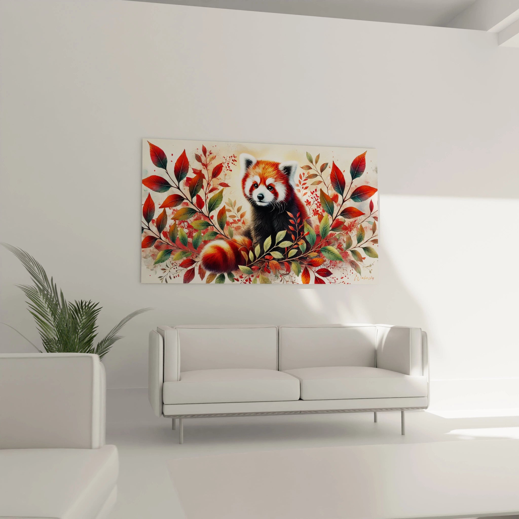 Tableau panda roux suspendu dans un salon au-dessus du canape, offrant un contraste vibrant de rouge et vert. Ideal pour une decoration moderne cherchant a integrer des elements naturels.

