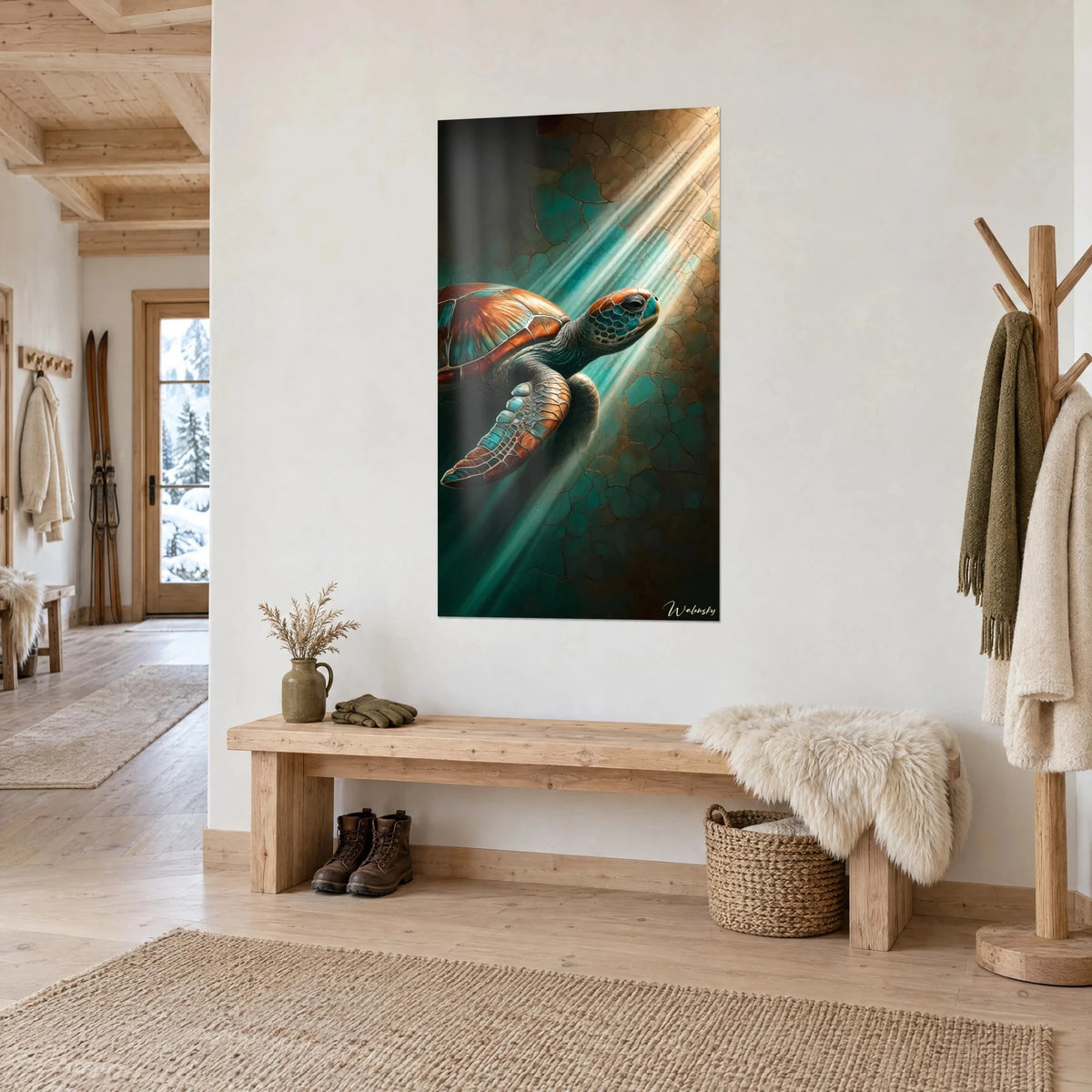 Wall art marine reptile with an orange and turquoise shell, amber light rays on a cracked wall, in a bright chalet