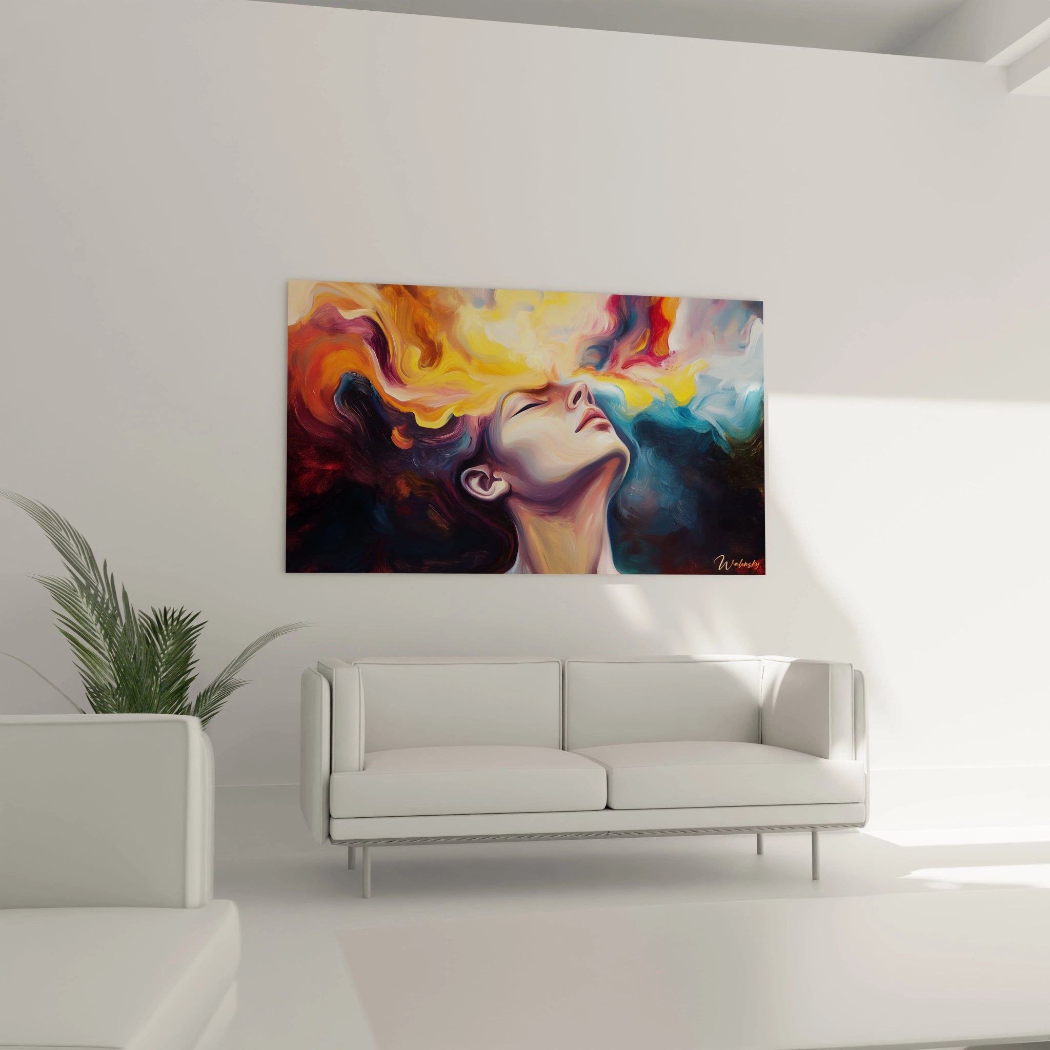 Un tableau artistique abstrait représentant un visage féminin en profil, avec des éclats de jaune et de rouge, mélangés à des teintes bleues profondes et des lignes fluides sur un fond dégradé.

