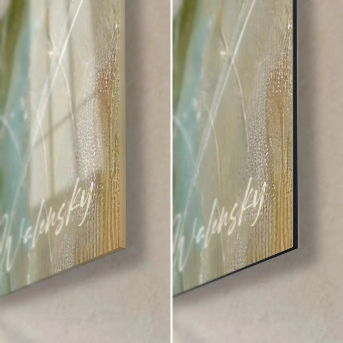 Gemälde weiße Blüten auf salbeigrünem und türkisfarbenem Gras, unten rechts von Walensky signiert, glänzendes Glas links, mattes Dibond rechts