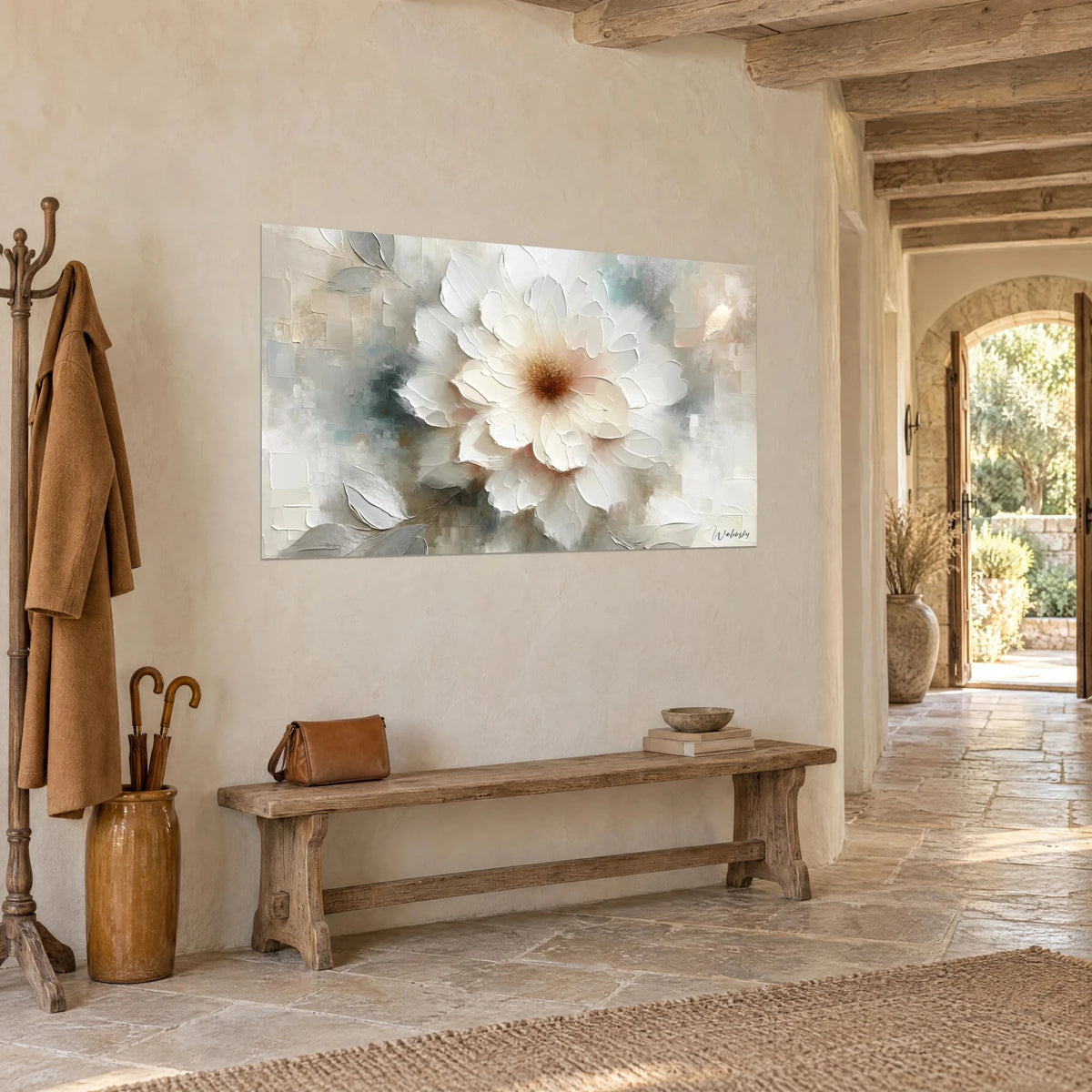 Wall art large white impasto flower, coppery brown heart on pearl grey and blue-green background, hung near a stone arch