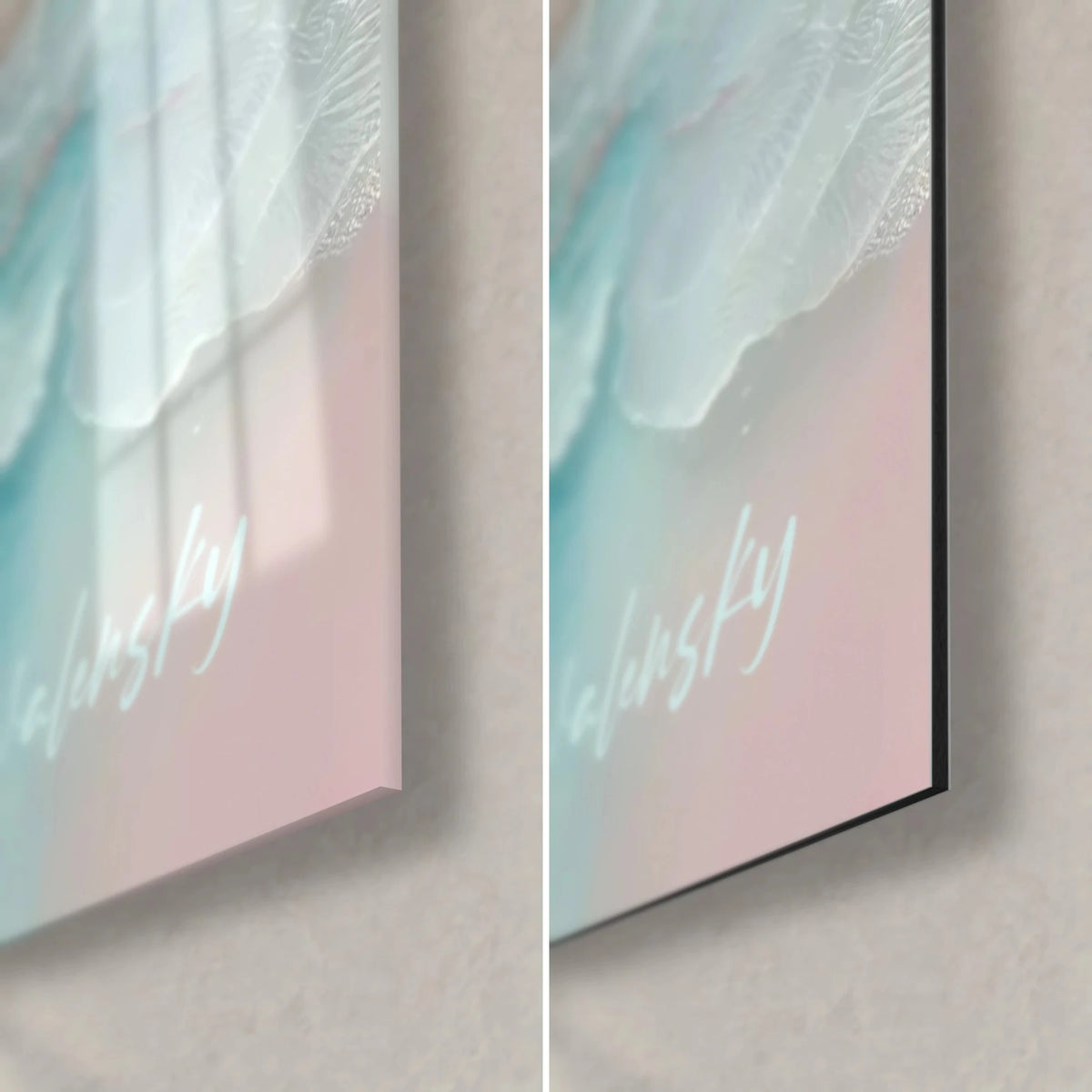 Wall art turquoise and pink resin, detail of the bottom right corner: glossy acrylic glass on the left, matte Dibond on the right