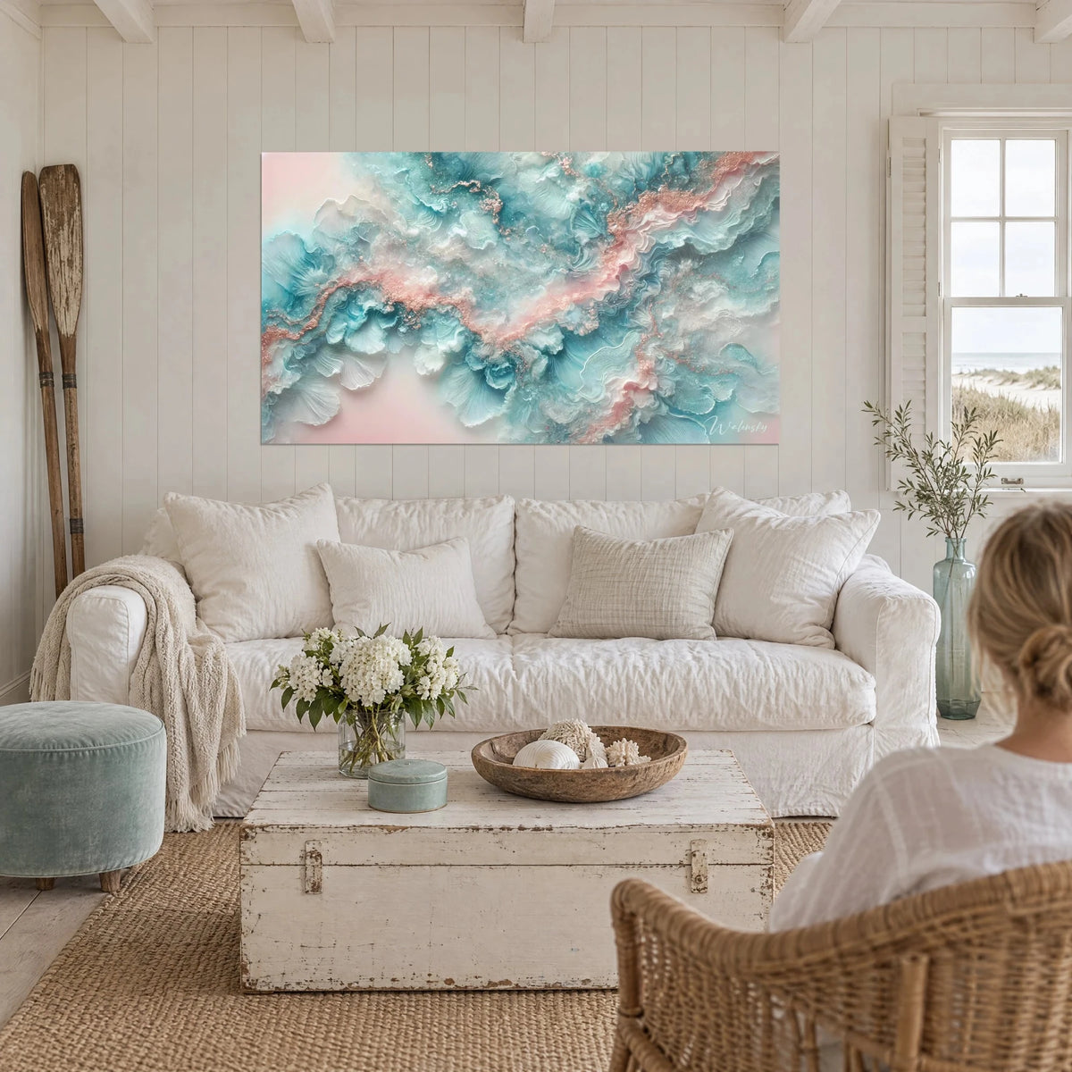 Wall art turquoise marble with pale pink veining, raised copper flecks, above a sofa in a bright living room