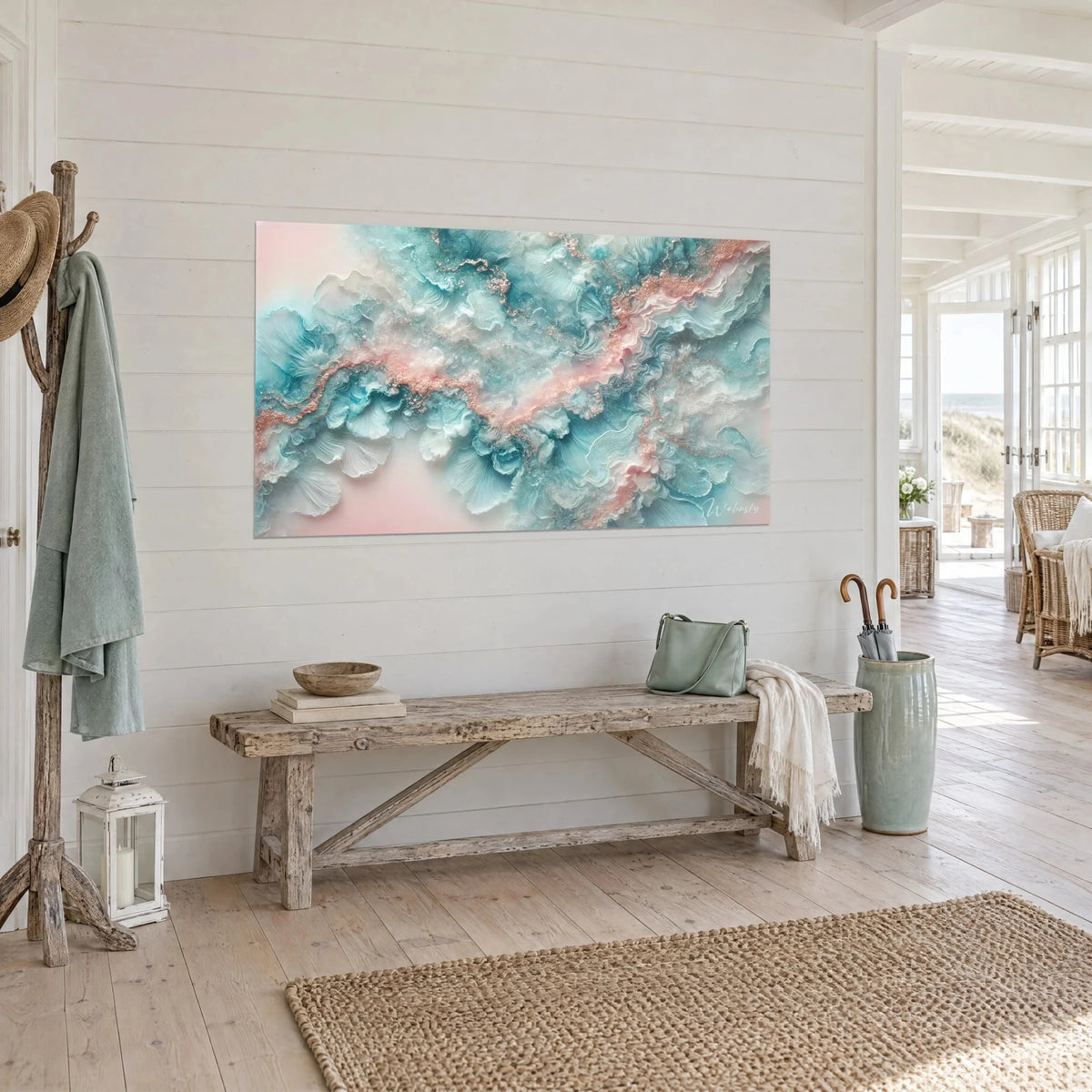 Wall art glacier blue and powder pink resin waves, pearlescent swirls, in a seaside house in three-quarter view