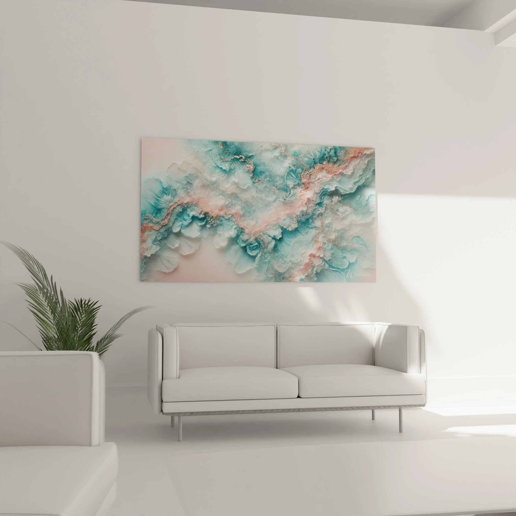 Dans un salon moderne, ce tableau style epoxy au-dessus du canapé crée une touche de sophistication. Les couleurs pastels et l'effet de transparence apportent une ambiance douce et aérée.

