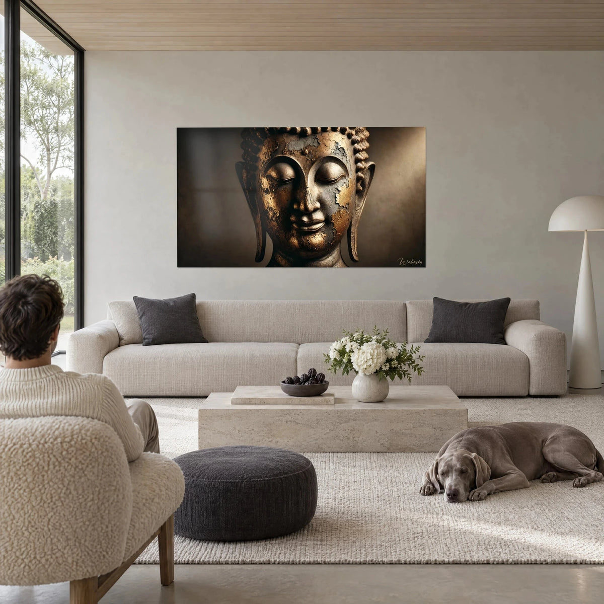 Tableau visage de Bouddha aux paupières closes, patine bronze et éclats d'or craquelé, au-dessus d'un canapé dans un salon lumineux