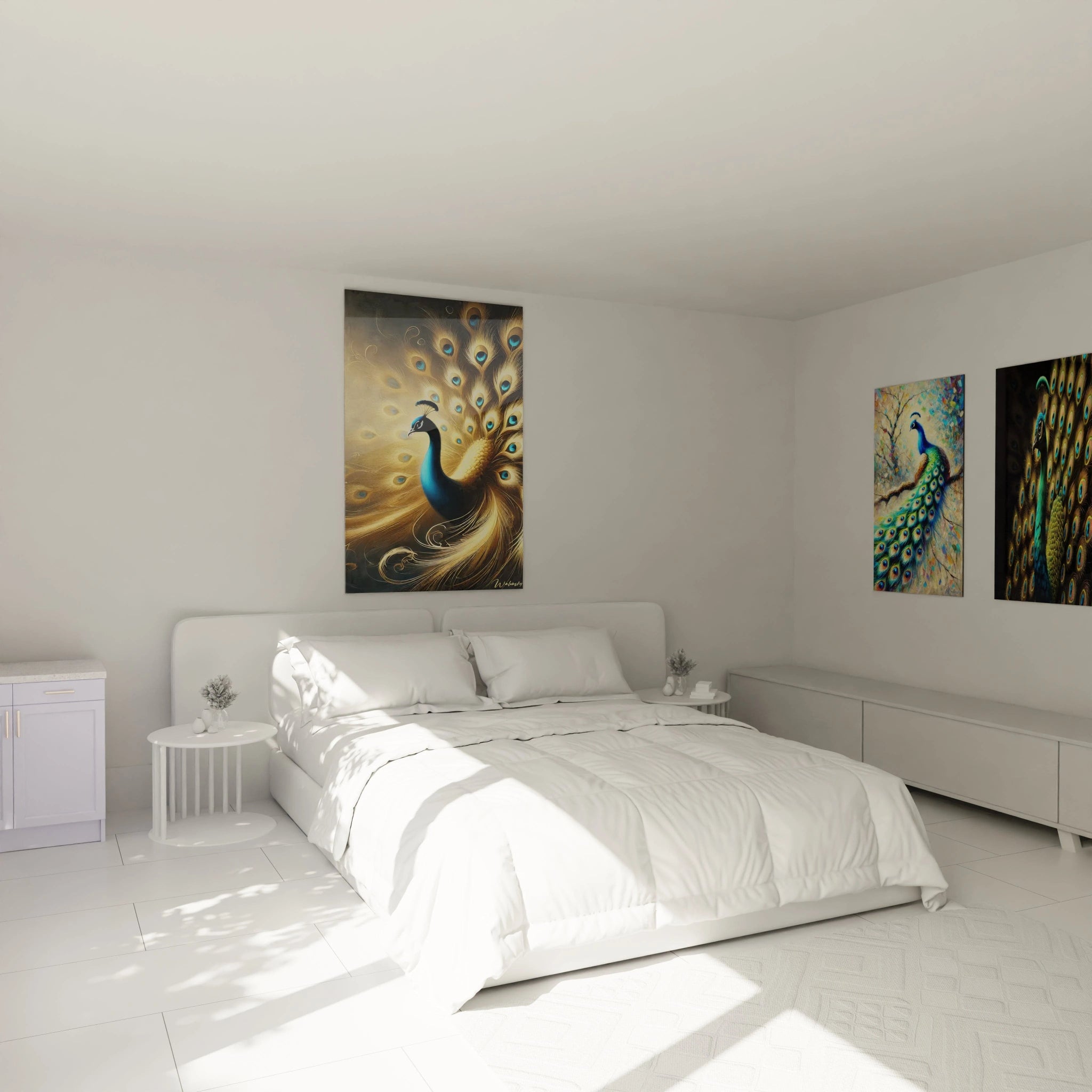 Sublimez votre chambre avec ce tableau paon accroché au-dessus du lit, alliant des plumes dorées et bleues, créant une ambiance apaisante et sophistiquée pour un espace de repos élégant.