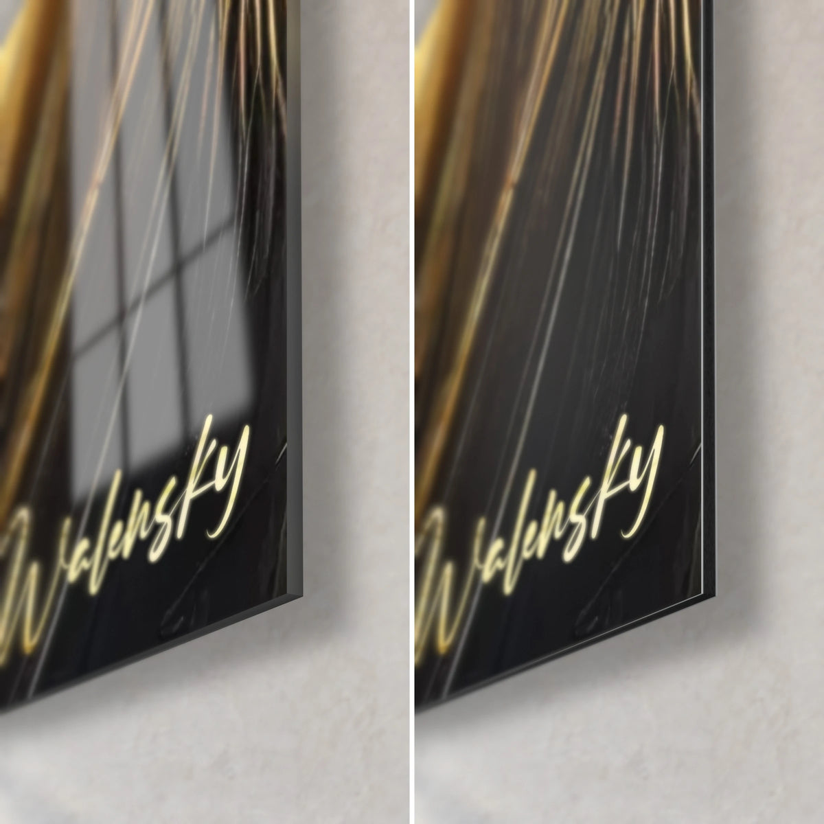 Cuadro de plumaje dorado y firma Walensky, esquina inferior derecha: cristal acrílico brillante que refleja la ventana, Dibond negro mate