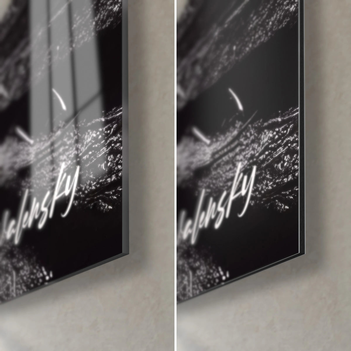 Gemälde Schwarzweißer Hochwald, untere rechte Ecke: glänzendes schwarzes Acrylglas mit Reflexen, matt graues Dibond-Aluminium, 3 mm Kante