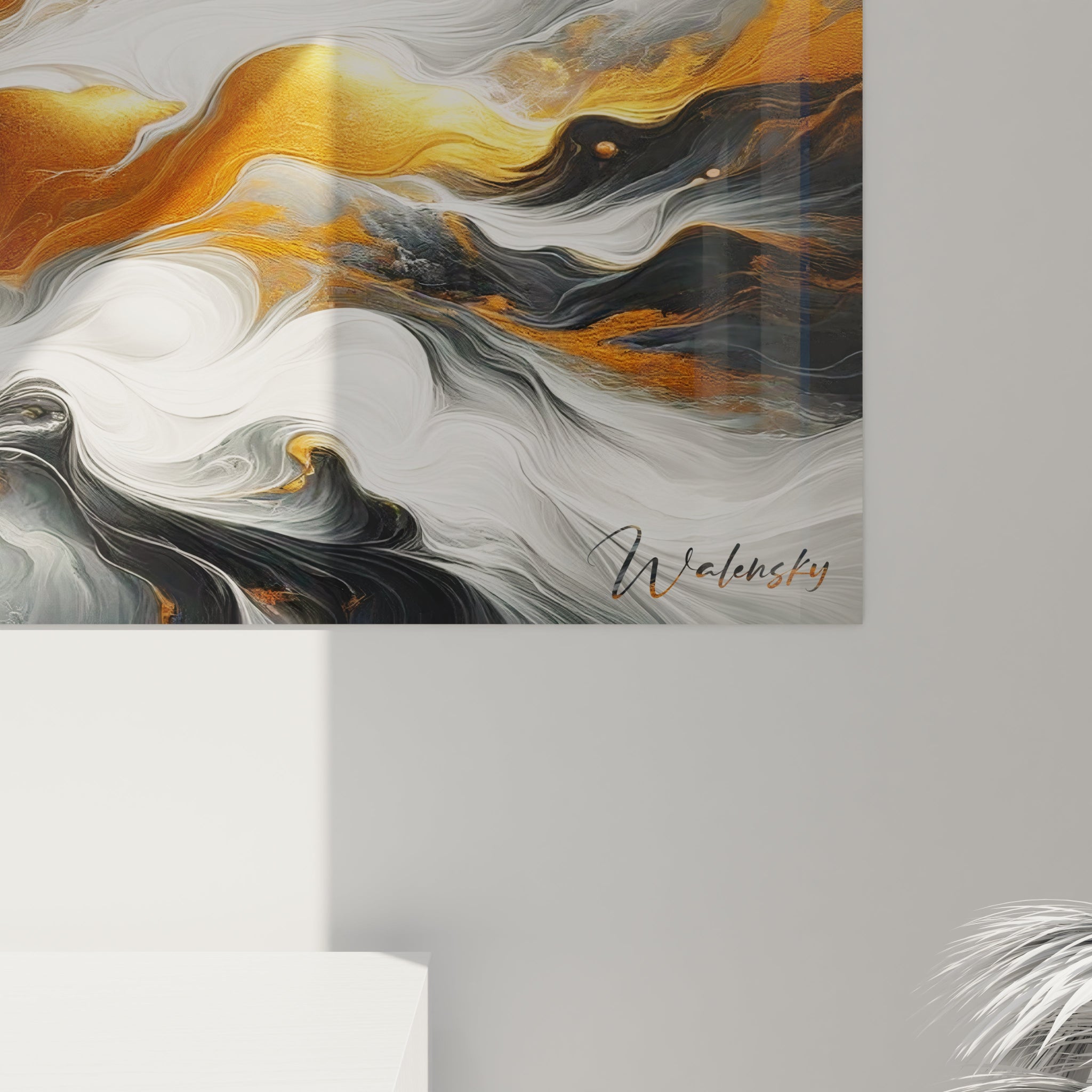 Tableau abstrait présentant des strates liquides avec faille dorée centrale. Spectre de couleurs épuré alliant blanc ivoire, or métallique, gris argenté et noir de jais. Effet visuel de fluides en mouvement avec bulles blanches et nappes dorées. Motif organique avec zone centrale lumineuse et vagues périphériques créant une impression d'écoulement convergent.
