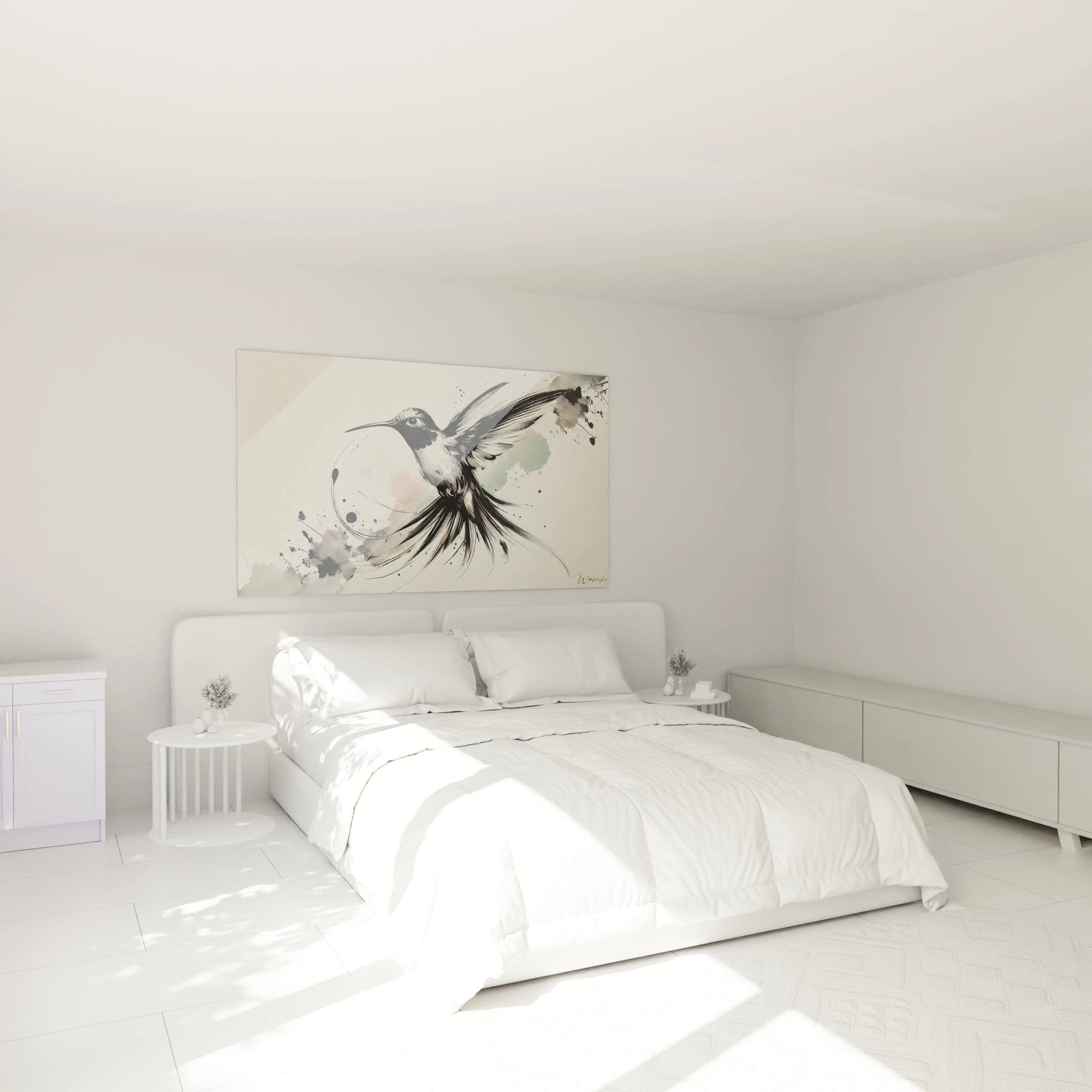 Dans une chambre : tableau colibri accroché au mur au-dessus d’un lit. Il diffuse sérénité et équilibre grâce à ses lignes nettes, parfait pour une déco apaisante et contemporaine.

