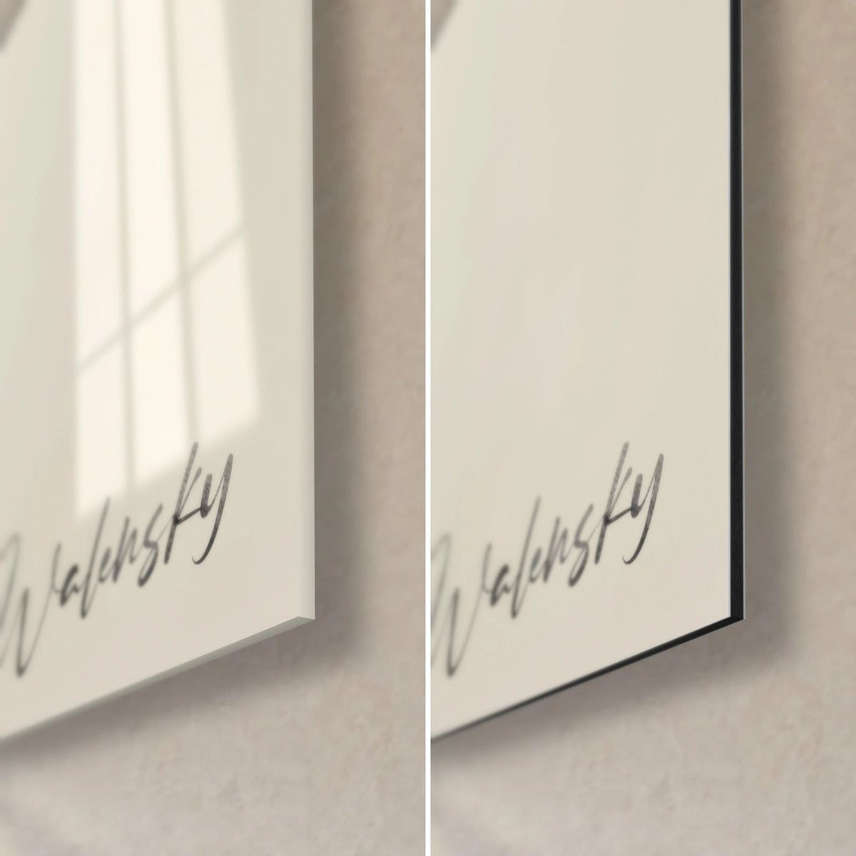 Wall art of a hummingbird in black ink, bottom right corner signature: Walensky, glossy acrylic glass and matte cream Dibond