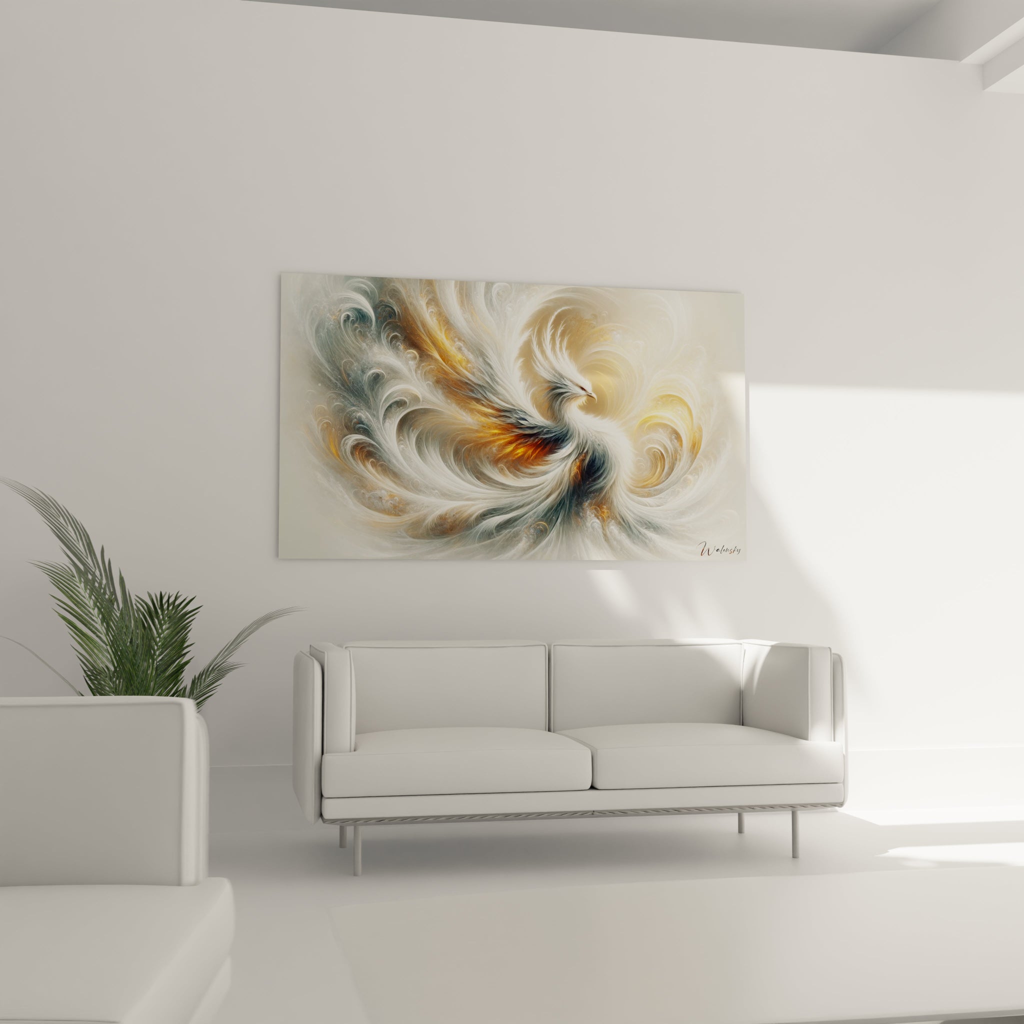 Tableau abstrait montrant un tourbillon de voiles diaphanes. Gamme chromatique subtile alliant blanc lumineux, gris bleuté, beige doré et ambre pâle. Effet visuel de légèreté obtenu par superposition de filaments courbes et luminosité diffuse. Composition dynamique avec motif rotatif et dégradés progressifs créant une sensation de mouvement perpétuel.
