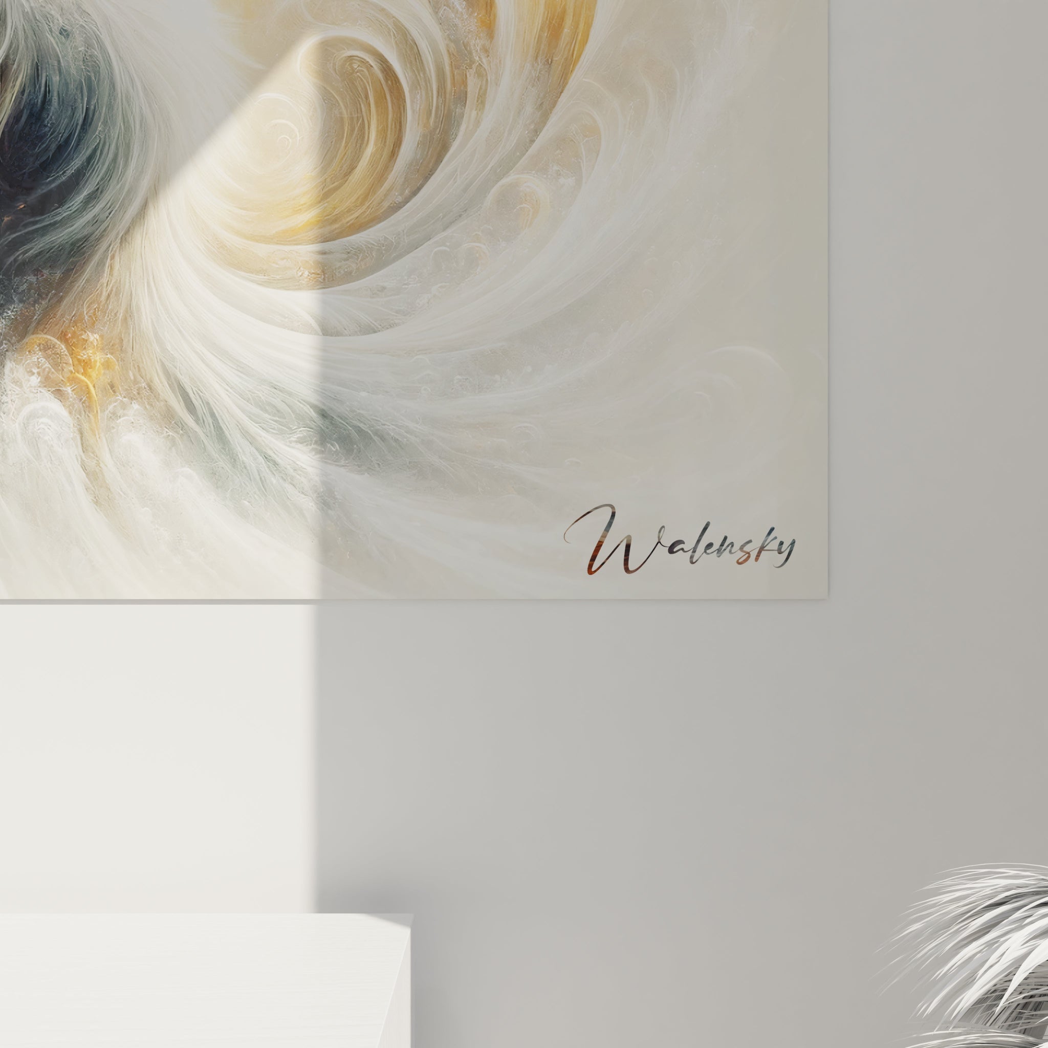 Tableau abstrait présentant des volutes évanescentes en rotation. Spectre coloré minimaliste de blanc pur, gris argenté et or subtil avec zones ambrées. Texture aérienne combinant courbes gracieuses et voiles translucides. Motif central tourbillonnant entouré de vagues concentriques créant une impression de fluidité et d'équilibre dynamique.
