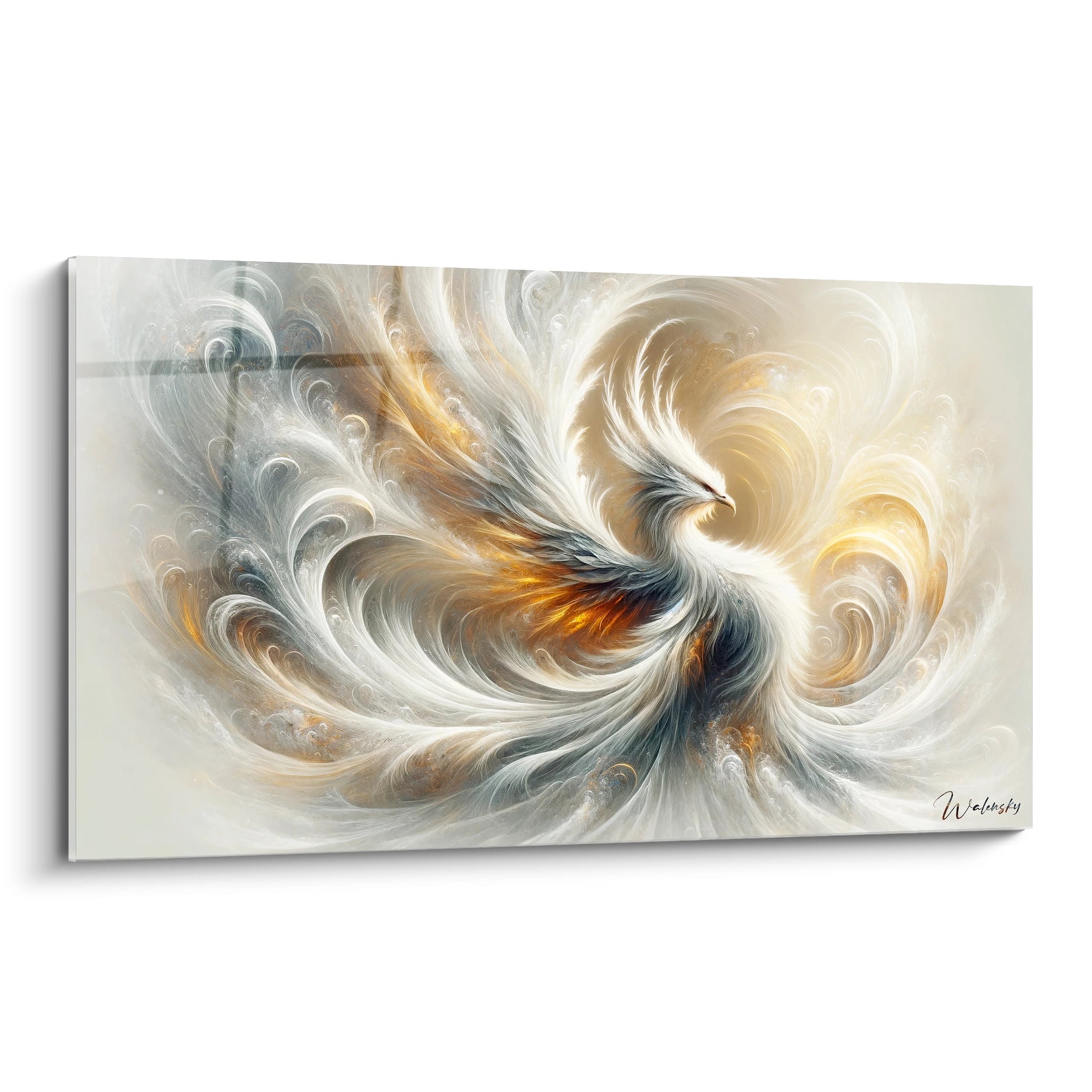 Tableau abstrait représentant un motif tourbillonnant de vagues éthérées. Palette délicate de blanc nacré, gris perle, or doux et touches ambrées. Texture vaporeuse avec lignes courbes concentriques et effets de transparence. Composition centrée autour d'un mouvement spiralé créant une impression de fluidité et de légèreté.
