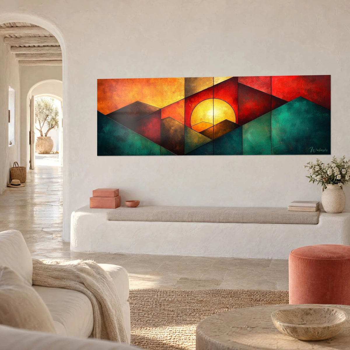 Wall art with a panorama of orange, red and fir-green facets, golden central sun and whitewashed wall of a Mediterranean house
