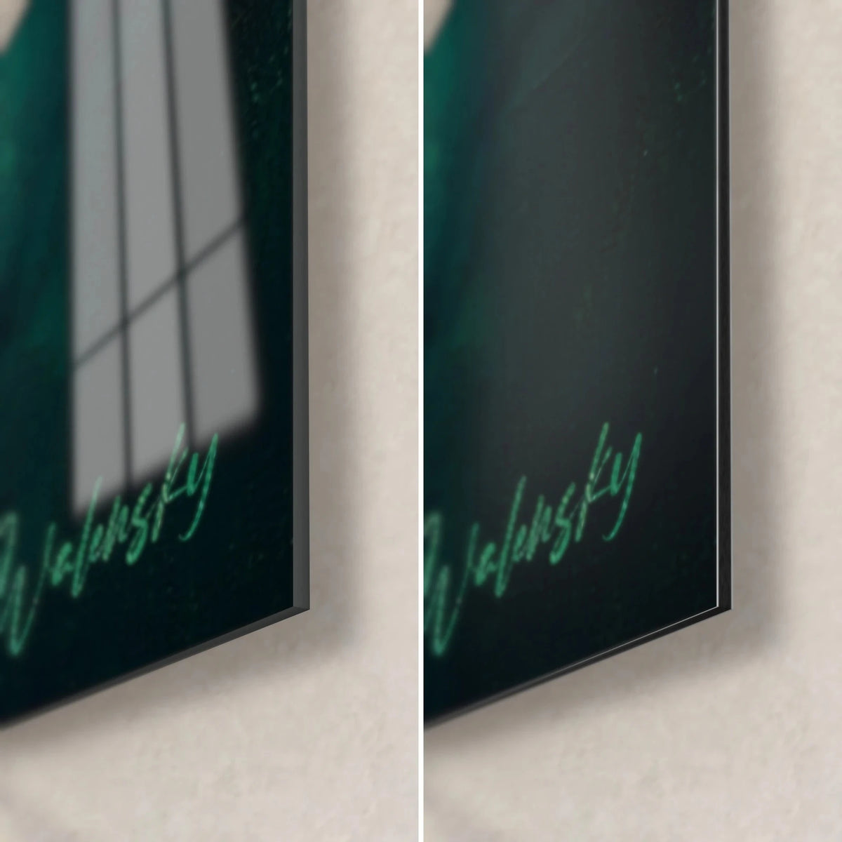 Wall art with an emerald green geometric mosaic in the bottom right corner, glossy acrylic glass reflecting the window, matte Dibond