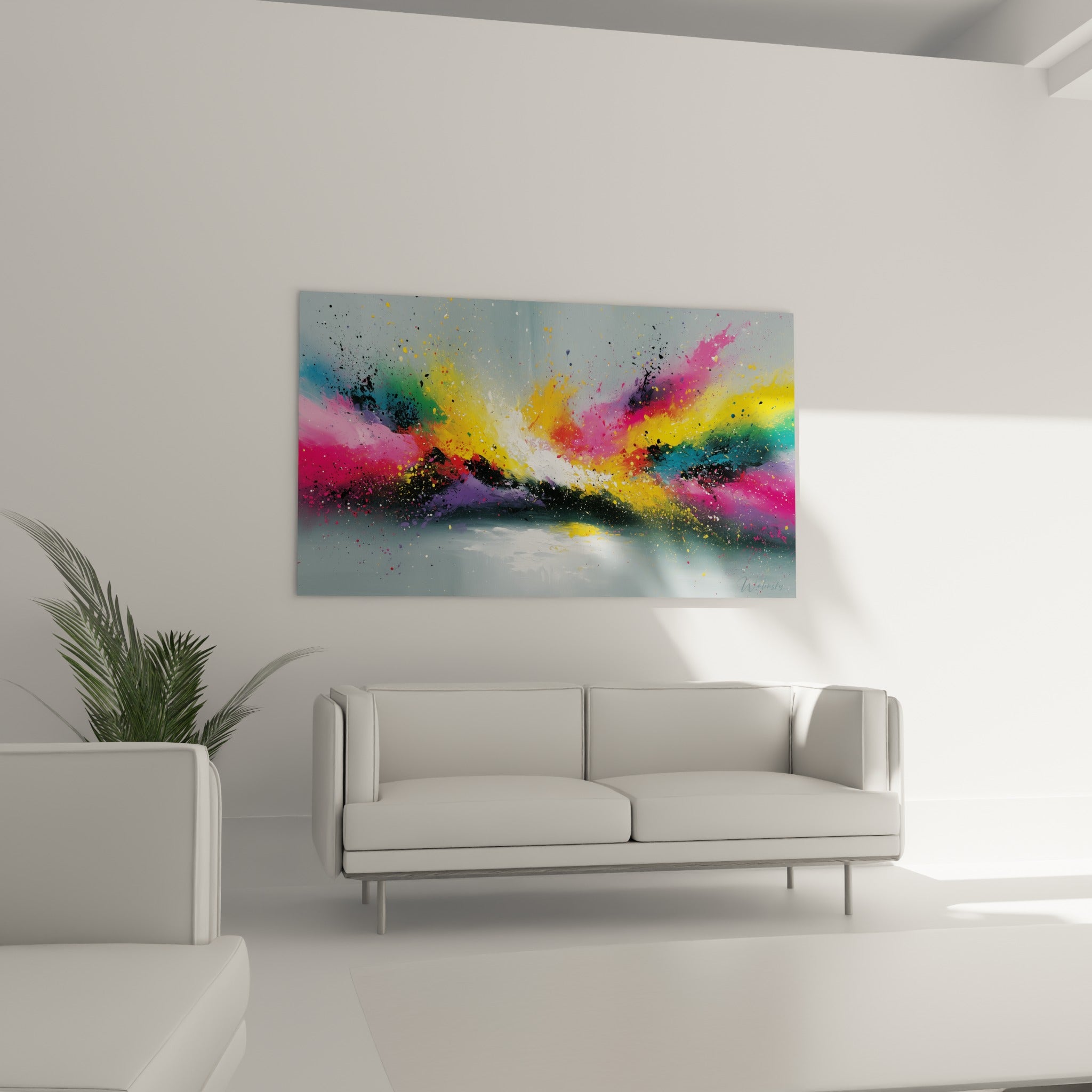 Éclat pictural rose et vert émeraude en style peinture abstrait, au-dessus d'un canapé dans un salon lumineux