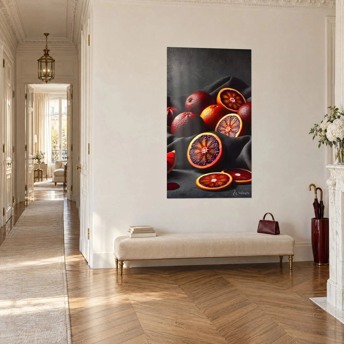 Wall art sliced ruby citrus with carmine and golden stars, three-quarter view, Haussmann hallway with herringbone parquet