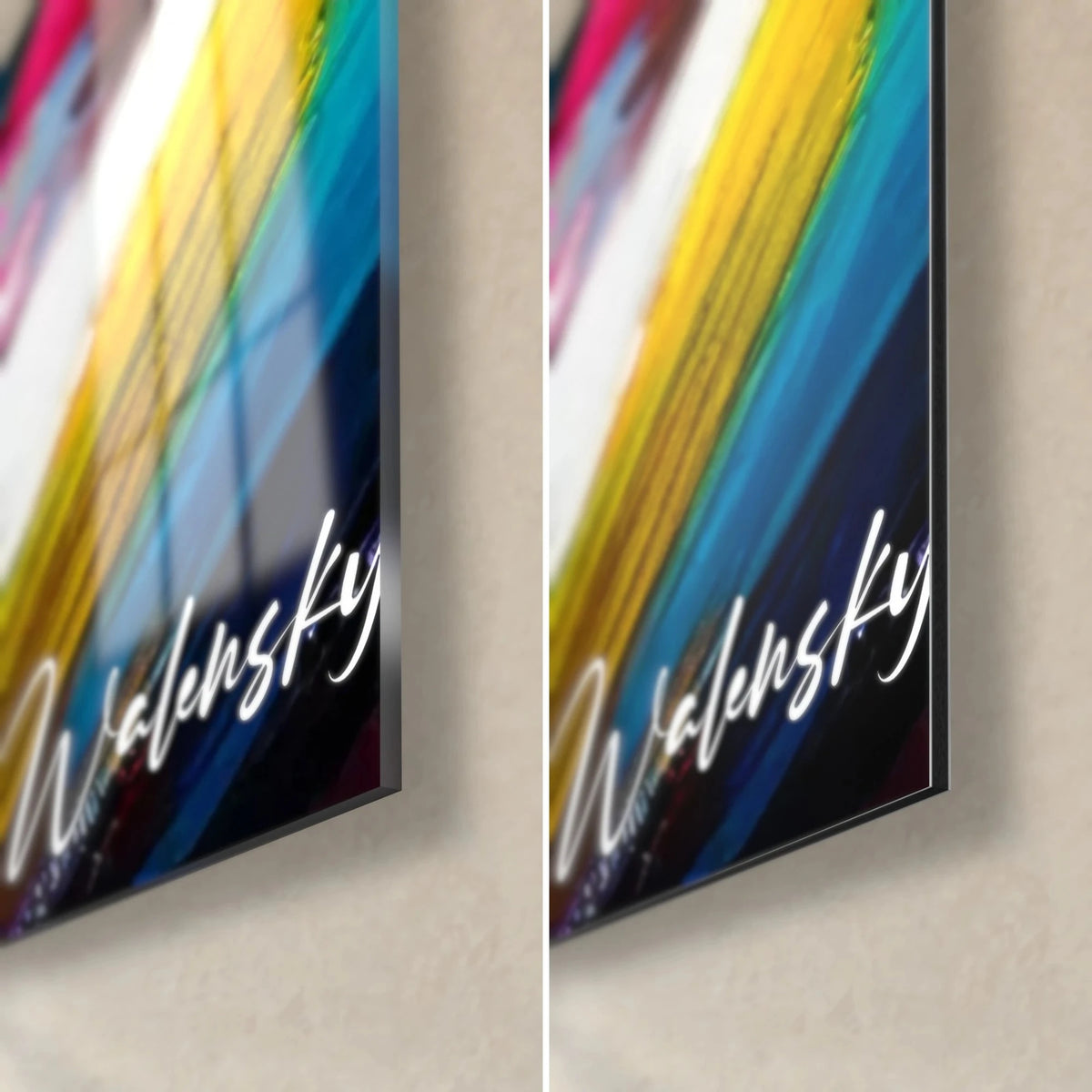 Wall art colorful portrait, bottom right corner: glossy glass with reflections on the left, matte Dibond on the right, midnight blue and yellow, 3 mm edge