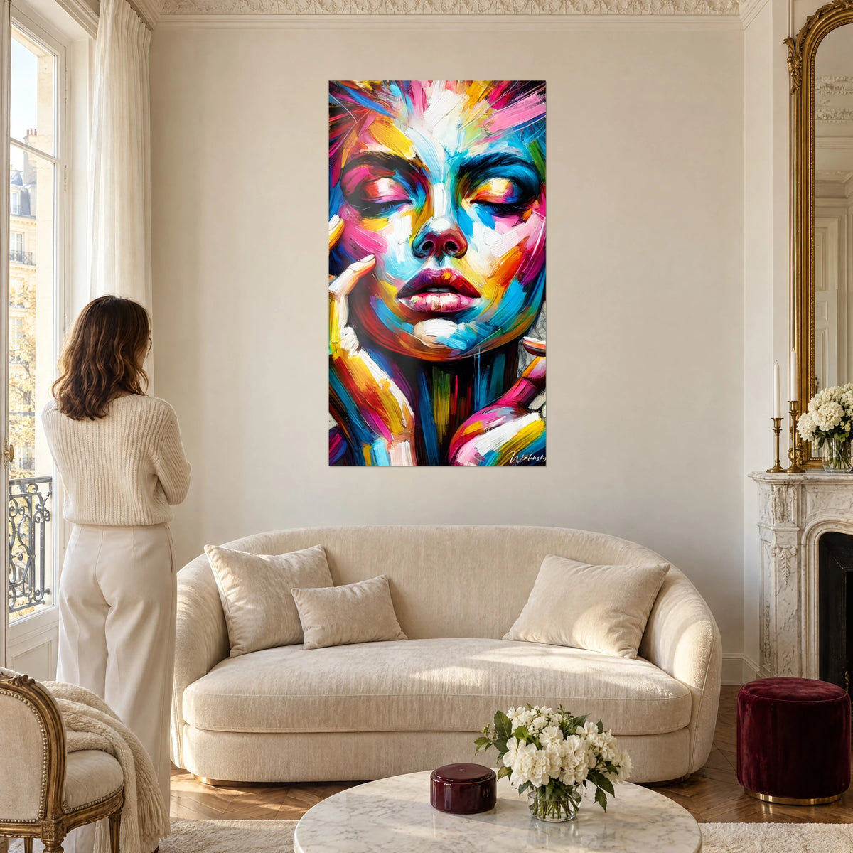 Wall art woman's face with closed eyelids, fuchsia and lemon yellow brushstrokes, above a sofa in a bright living room