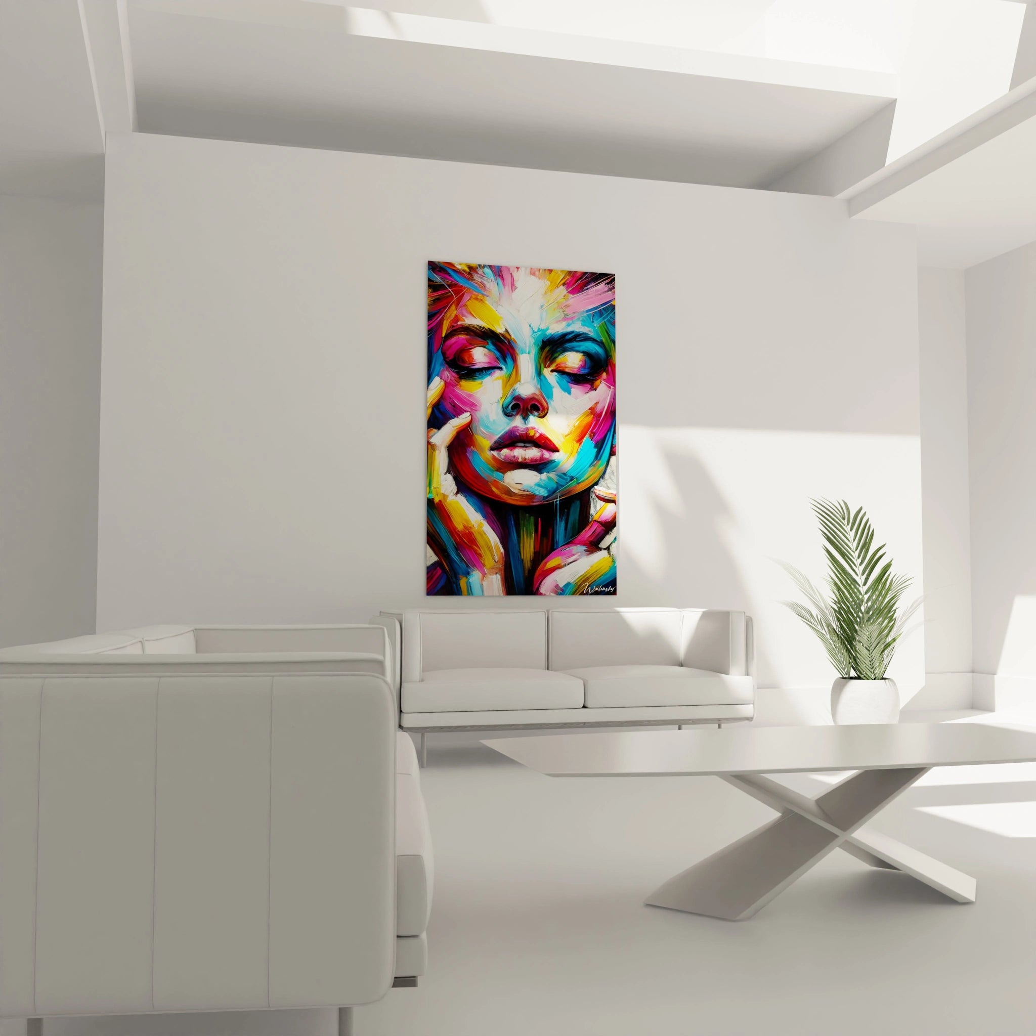 "Tableau abstrait au-dessus d'un canapé : visage féminin aux teintes vives et aux lignes fluides, ajoutant une note artistique et contemporaine au salon."

