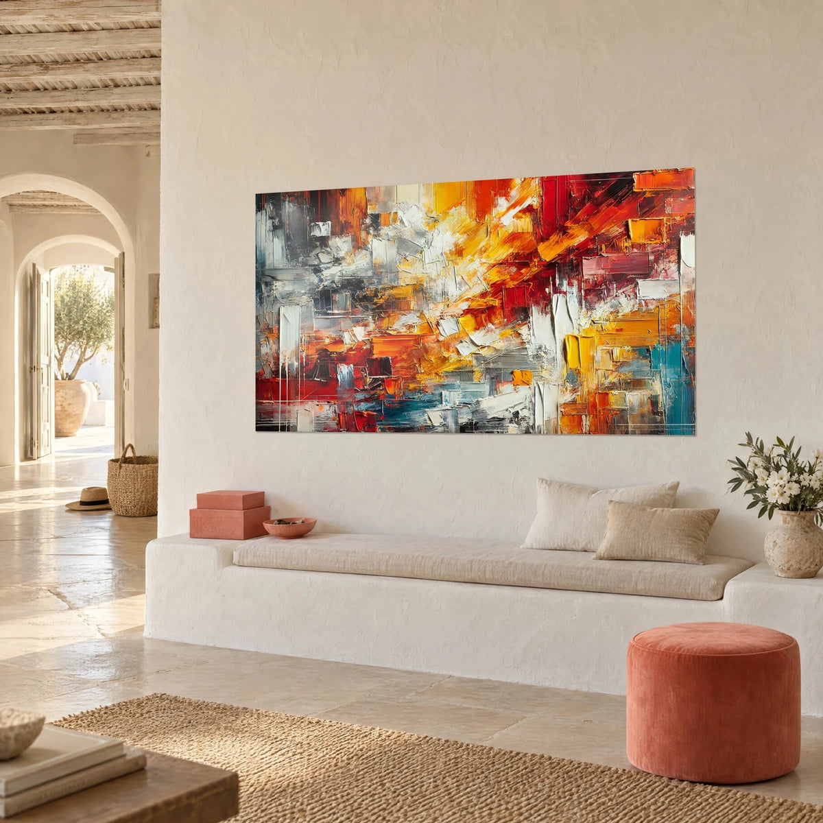 Wall art pigment canvas with diagonal orange and carmine tones, grey and turquoise rectangles, in a Mediterranean home of pale stone