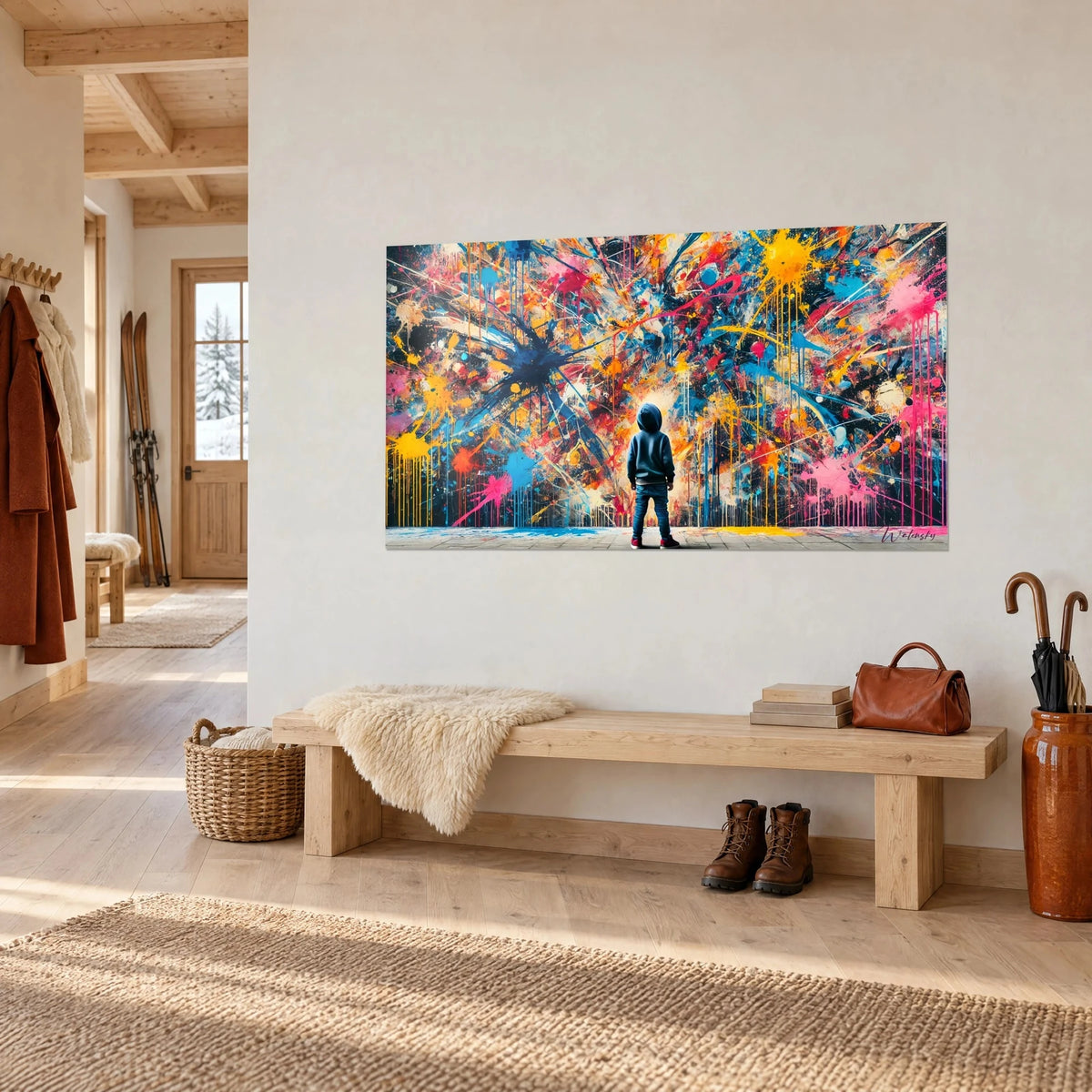 Wall art abstract paint explosion, midnight blue and bright orange shards, dripping streaks, on a light chalet entrance wall