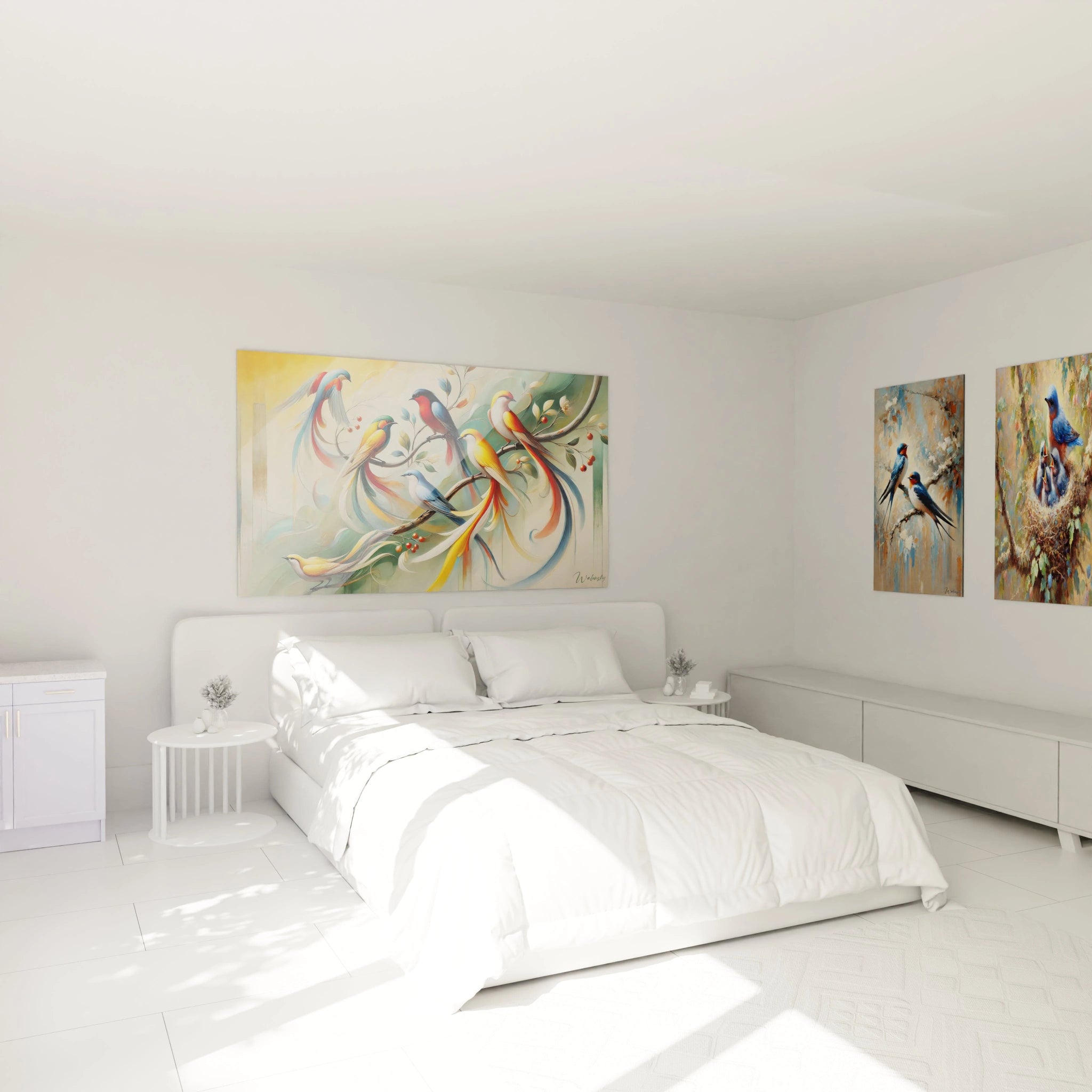 Ce tableau oiseaux sublime la chambre avec ses teintes colorées. Accroché au-dessus du lit, il évoque une ambiance naturelle et apaisante avec des oiseaux stylisés et élégants.