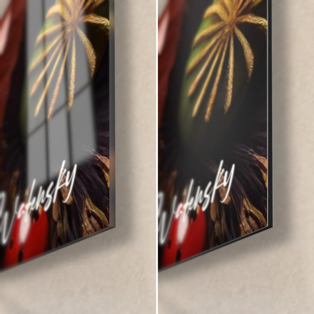 Wall art of a red ladybug on a coral petal, bottom-right corner in glossy glass and matte Dibond aluminum, 3 mm thick