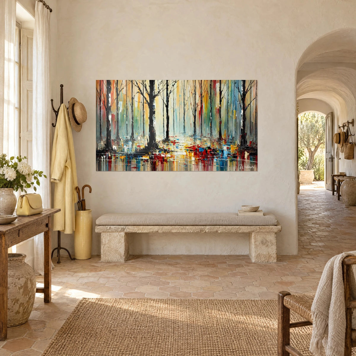 Wall art autumn forest painted with a palette knife, golden ochre and turquoise, blond stone and arch of a Provençal farmhouse