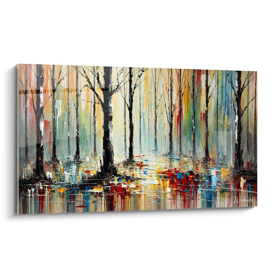 Quadro foresta vibrante visto di scorcio, tavolozza di colori audace e stile contemporaneo che cattura la natura in movimento, ideale per un tocco artistico unico

