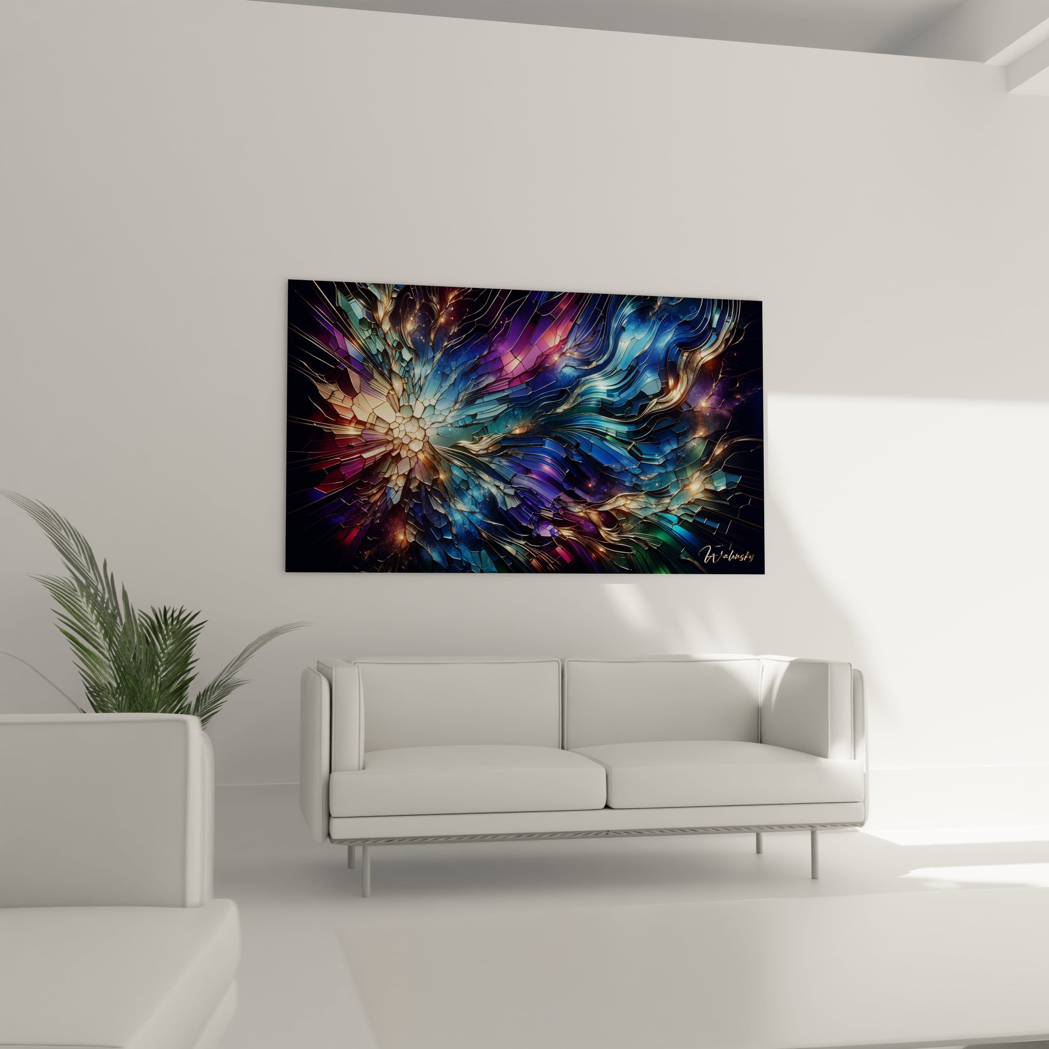 Tableau abstrait montrant une mosaïque fracturée avec noyau brillant. Spectre coloré de bleu profond, violet, turquoise et accents dorés. Effet visuel de verre brisé avec surfaces polygonales réfléchissantes et filaments métalliques. Composition centrée autour d'un point focal lumineux avec éclatement radial et ondulations périphériques.
