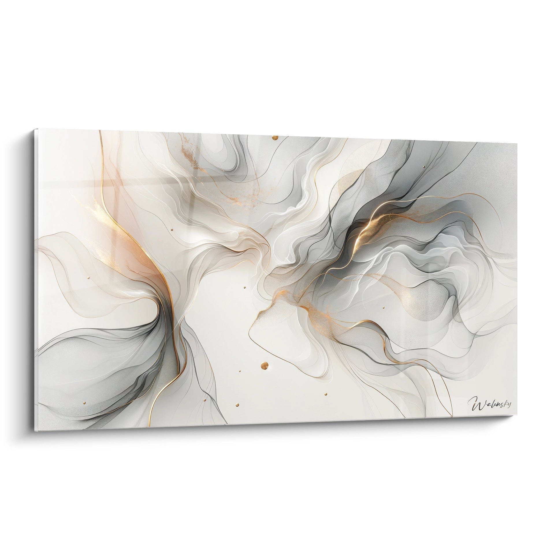 Tableau abstrait représentant des voiles translucides en mouvement fluide. Palette minimaliste de blanc ivoire, gris pâle et accents dorés sur fond clair. Texture aérienne avec lignes ondulantes et fines trames superposées. Composition éthérée avec flux délicats et points dorés disséminés créant un contraste subtil.
