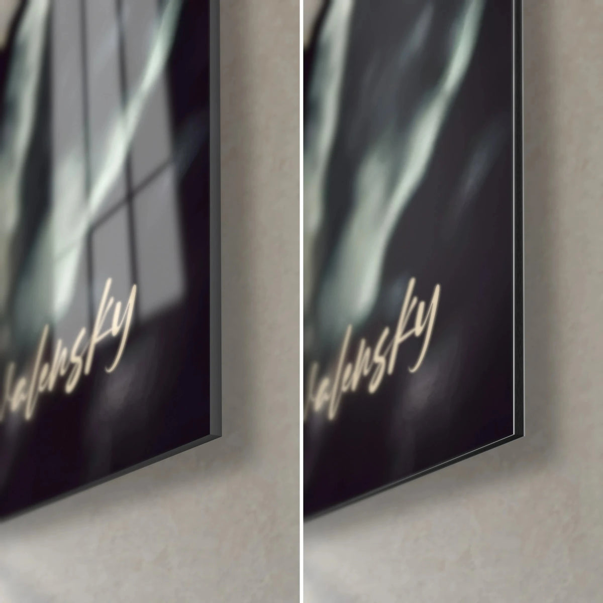 Schilderij van een koffieboon en zoutkristallen, rechtsonder in beeld, glanzend glas met groene reflecties links, mat zwart Dibond rechts, rand van 3 mm