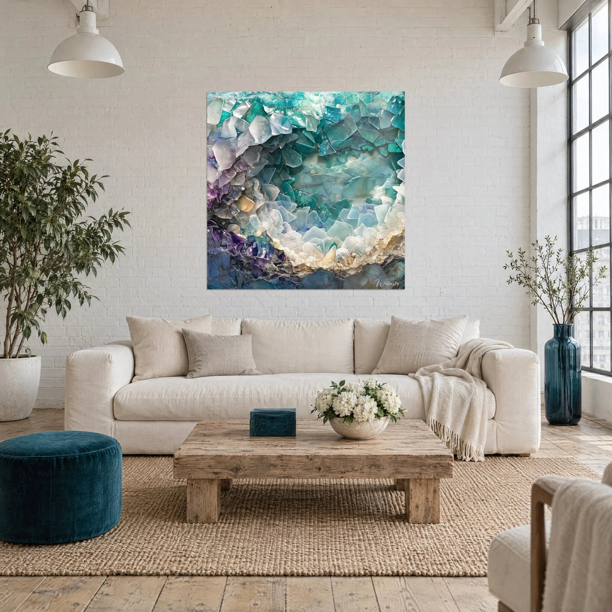 Tableau mosaïque d'éclats de verre turquoise et violet améthyste, centre jade lumineux, au-dessus d'un canapé dans un salon lumineux