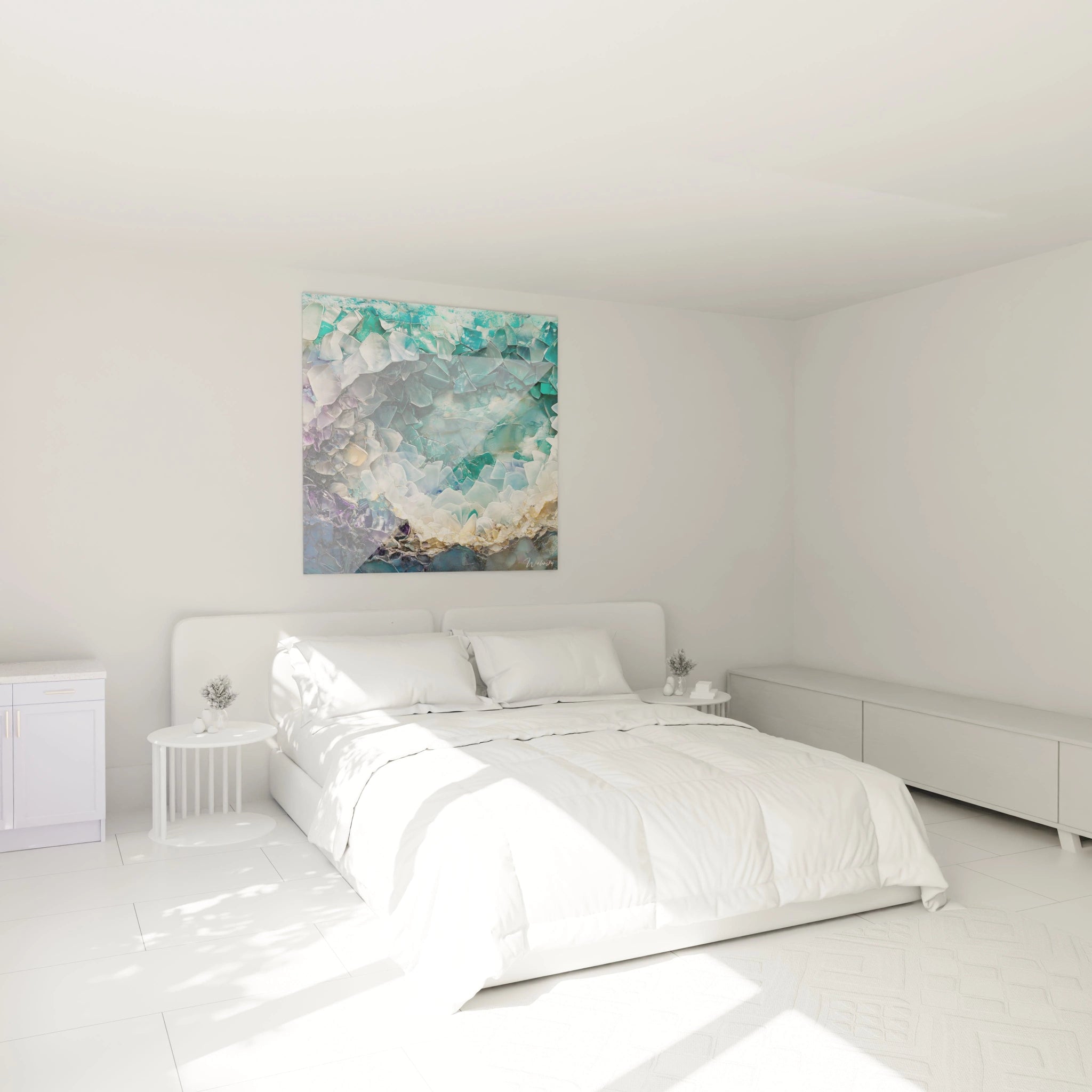 Tableau géométrique abstrait Walensky dans une chambre moderne avec des tons bleu et beige
