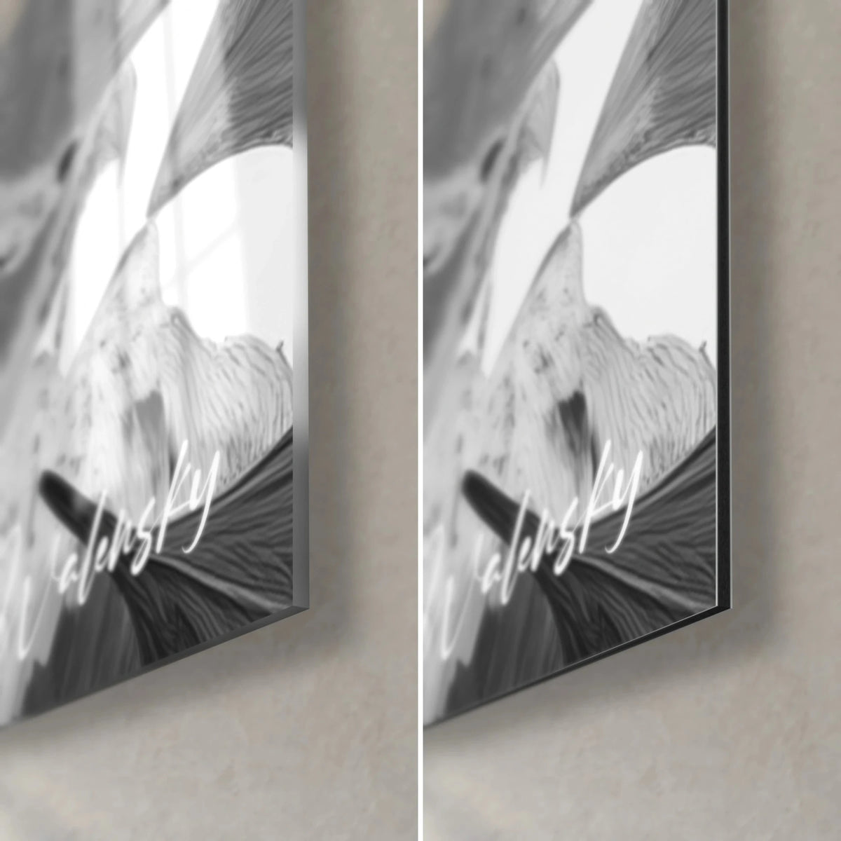 Gemälde gesprenkelte Blätter Schwarz-Weiß, glänzende Glasecke mit Spiegelung, rechts mattgrauer Dibond-Aluminium, feine Kante