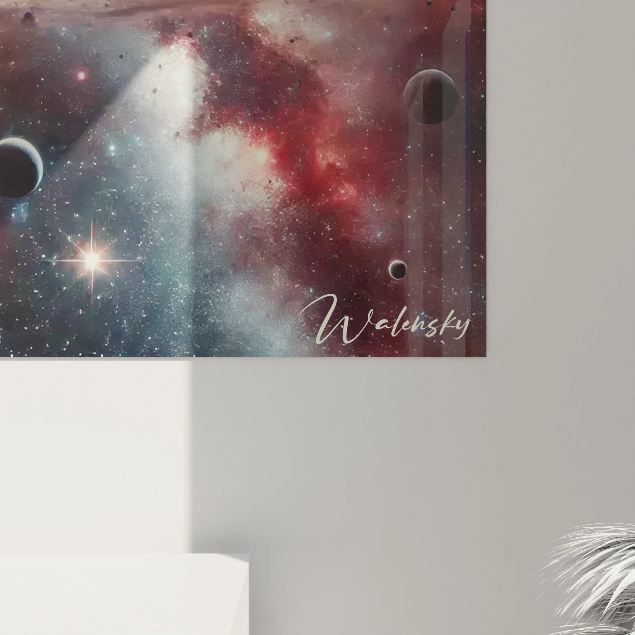 Une vue rapprochée révèle les textures lumineuses et les détails réalistes de ce tableau espace. Les étoiles scintillantes et le cercle éclipsé évoquent mystère et fascination.


