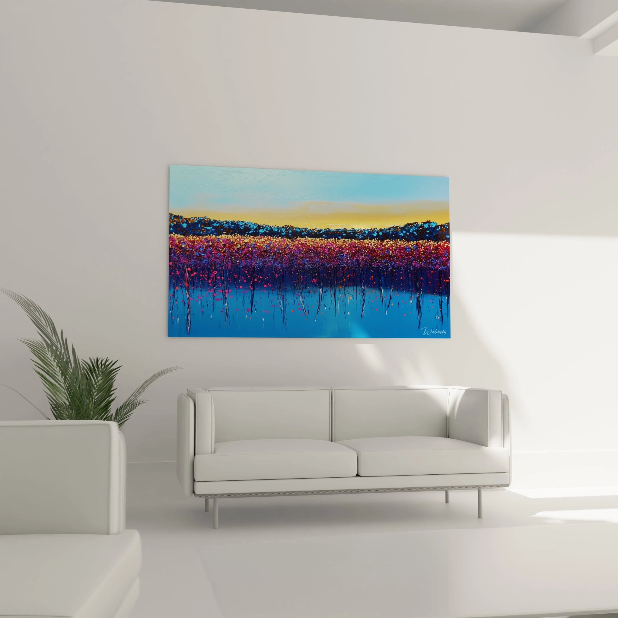 Tableau horizons floraux capturant un instant crépusculaire où des points lumineux roses, violets et orangés se concentrent au centre, encadrés par un ciel ambré et une base bleue intense. Les couleurs éclatantes et la texture pointilliste donnent une dimension onirique à ce paysage abstrait.
