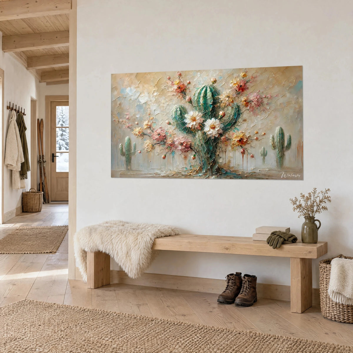 Wall art desert flower bouquet with white and ochre yellow petals, wooden bench and sheepskin, chalet entrance